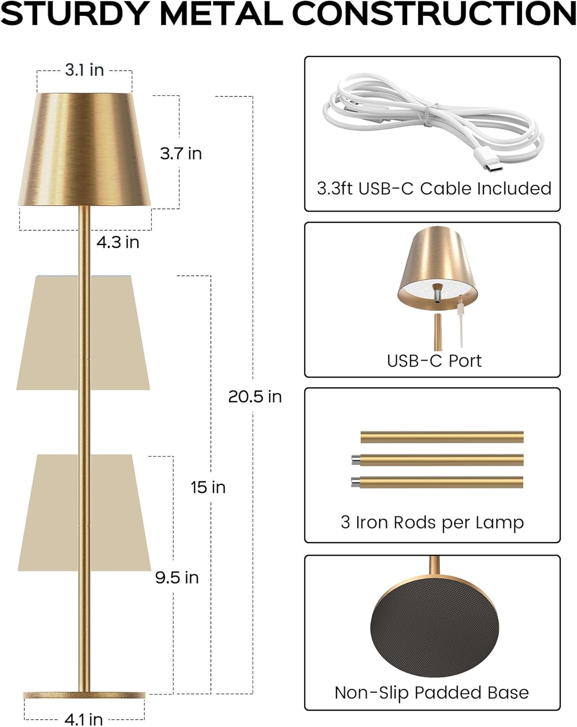 JACKYLED Cordless Table Lamps Rechargeable, 3 Adjustable Height, 5000mAh Battery Operated, 3 Colors Smooth Dimming, Portable LED Waterproof Gold Lamp for Dining, Bedroom, Outdoor (2 Pack)