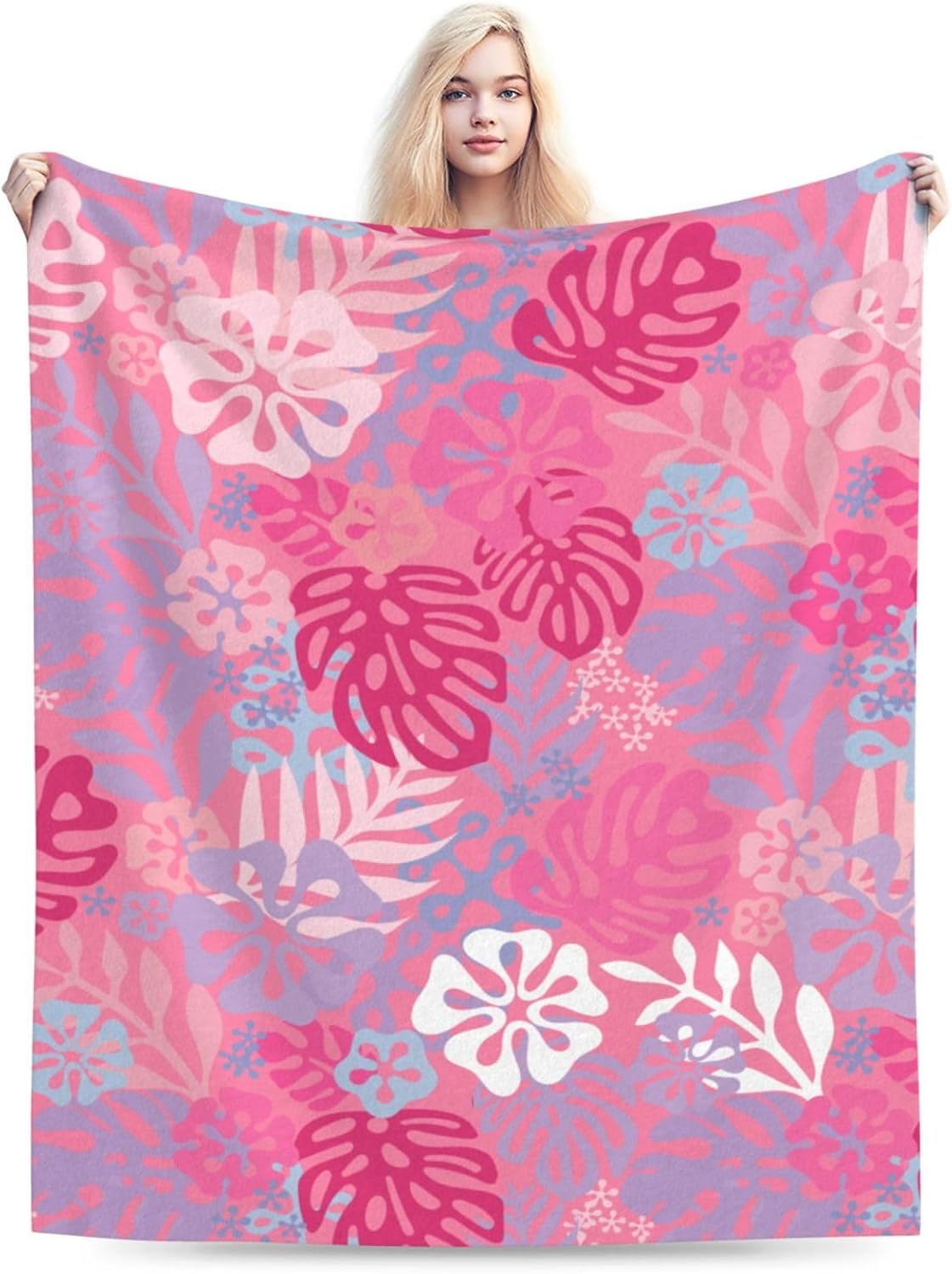 Hawaii Flowers Pink Throw Blankets All Season Ultra Soft Warm Tropical Aloha Pattern Fleece Blanket for Home Bed Sofa Couch Chair Outdoor Travel Camping 80x60 Inch