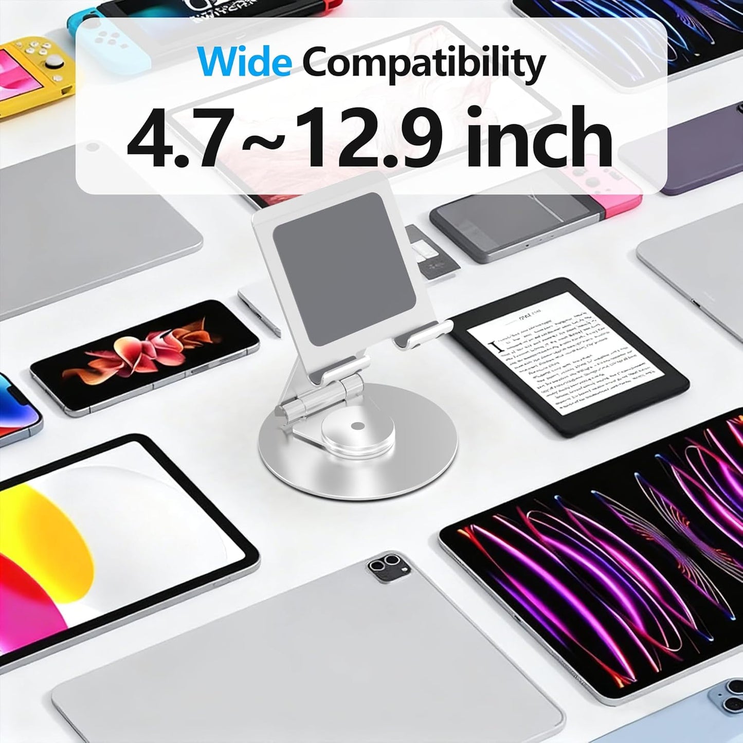 Swivel Tablet Stand, Aluminum Portable 360°Rotating Adjustable Tablet Holder for All 4-12.9’’ iPad Surface Samsung Phone Tablet Kindle E-Reader and More(Silver)