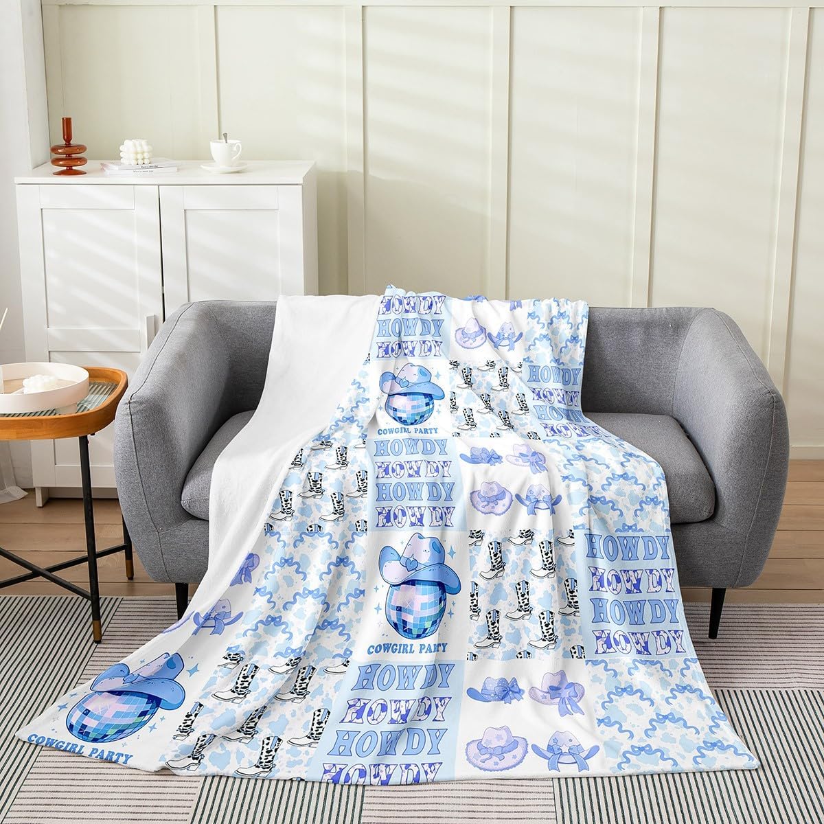 Cowgirl Boots Kids Flannel Blanket,Bow-tie Bowknot Cowboy Hats Disco Ball Bed Blanket for Girls Women,Cow Fur Print Geometric Plaids Fleece Blanket,Blue Fuzzy Blanket,Throw Size (50 x 60 Inches)