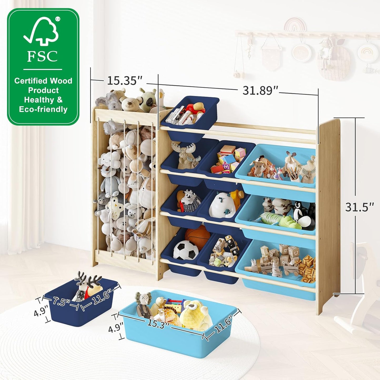 Kids Toy Storage Organizer, 2-in-1 Stuffed Animal Storage & Toy Organizer w/12 Bins, Solid Wood Toy Rack Featuring Thicker Elastic Ropes, Playroom Nursery Bedroom Storage, Blue