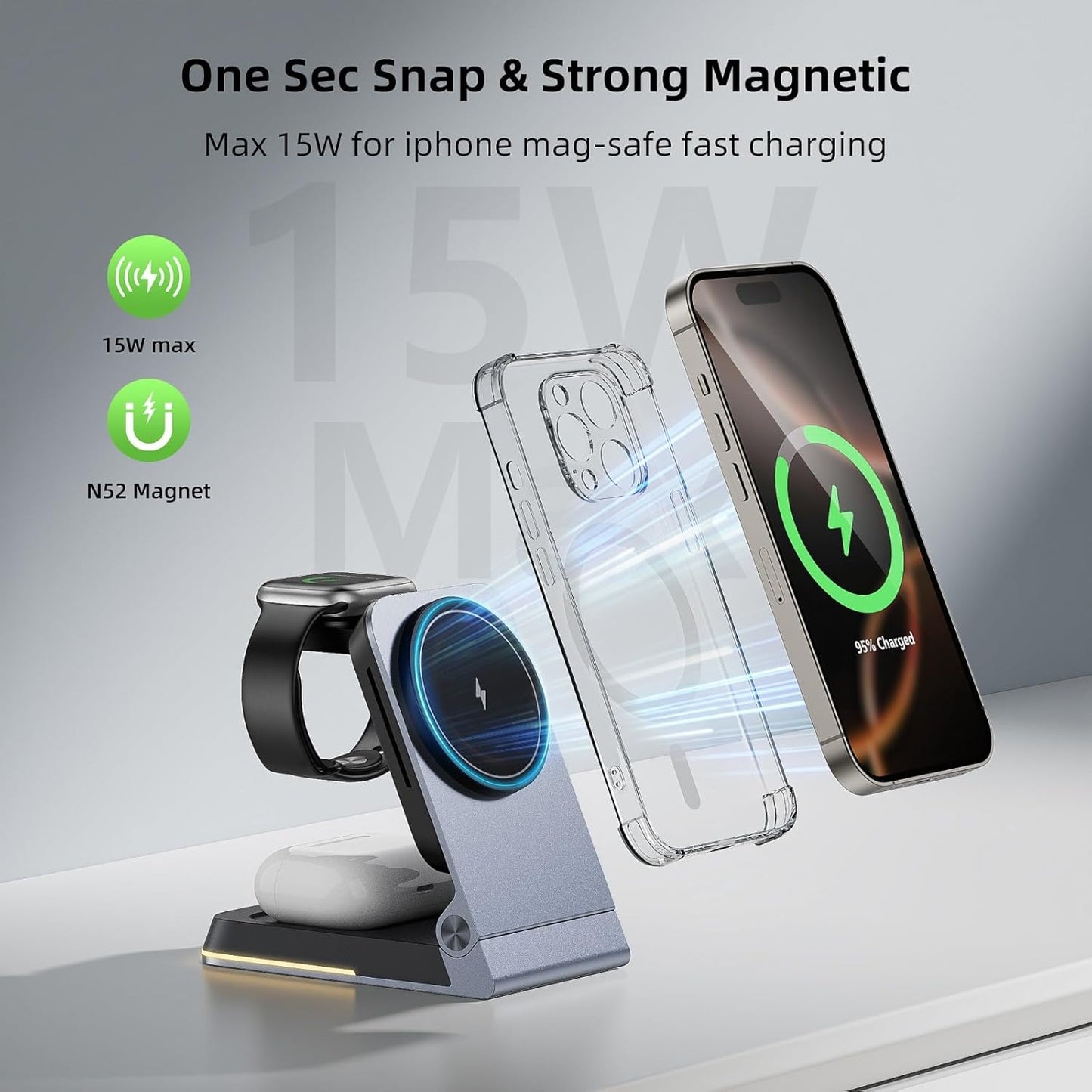 Foldable Wireless Charger 3 in 1 - Magnetic Wireless Charging Station for Apple Magsafe Charger Stand with Light,Aluminum Portable Travel Charger Dock for iPhone 17/16/15/14/13/12,Apple Watch,AirPods