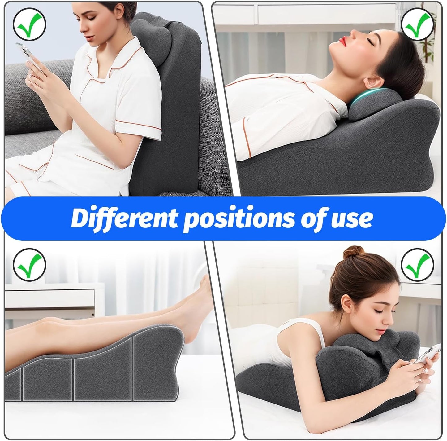 Reading Pillow, Lumbar Support Pillow for Couch, Sofa Bed Support, Bed Pillow for Sitting up,Ergonomic Memory Foam Pillow for Acid Reflux & Back Discomfort, with Removable Cover Gray