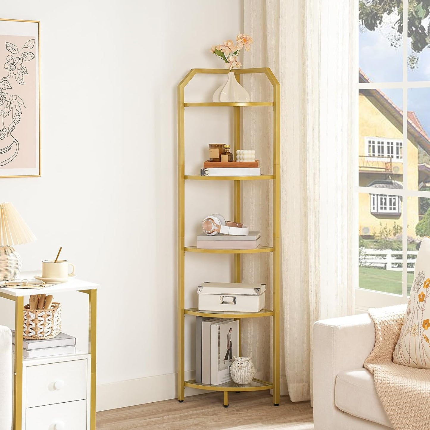 HOOBRO 5-Tier Corner Shelf Stand, Gold Corner Bookshelf, Tempered Glass Shelves, Bathroom Organizer, Corner Plant Stand, for Living Room, Study, Balcony, Home Office, Modern Style, Gold GD15CJ01