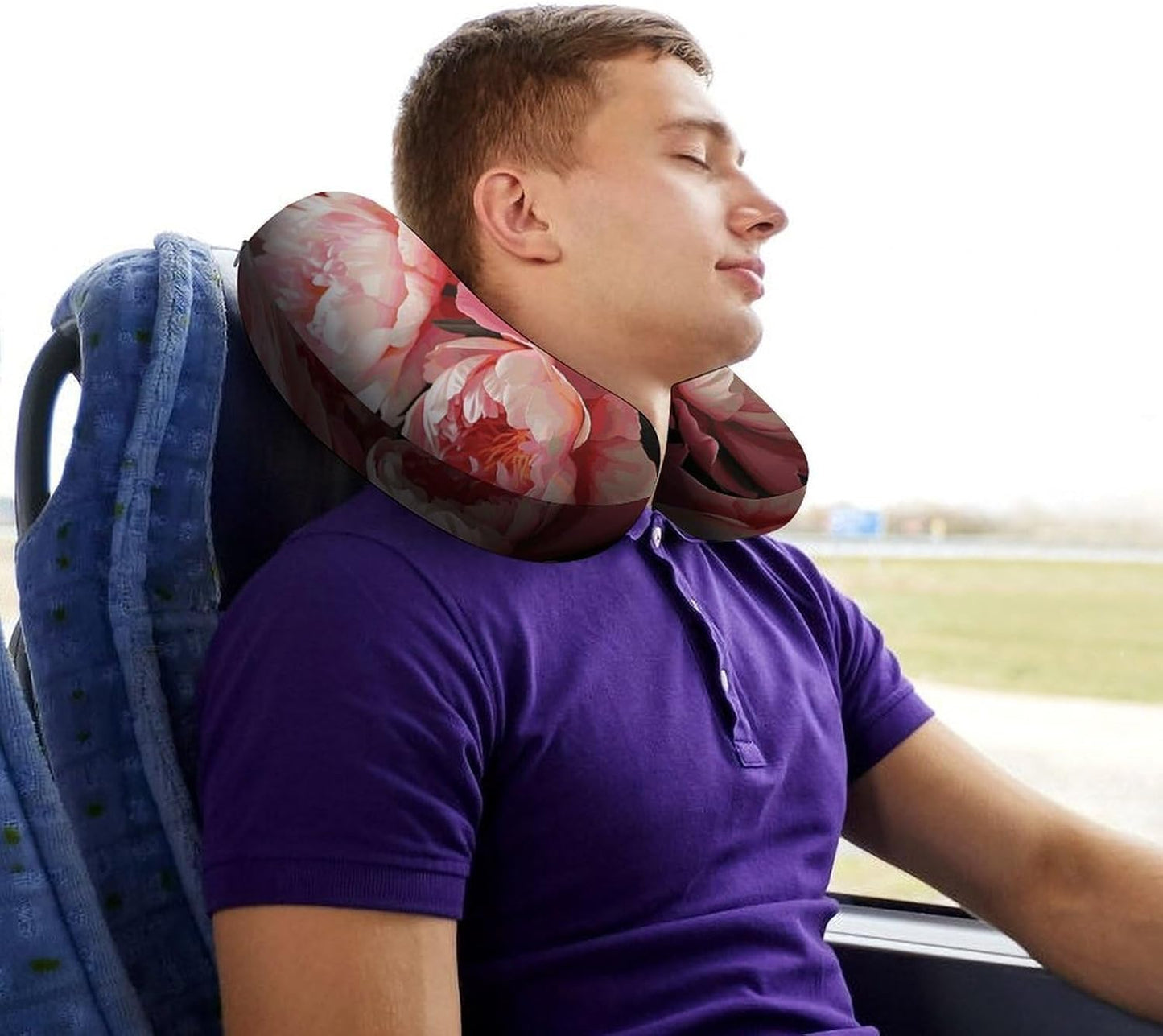 Peony Flowers Blossom Neck Pillow Memory Foam U Shaped Pillows Portable Pillows for Shoulder Travel Head Support Pillow with Concealed Zipper for Airplane Car Home Office
