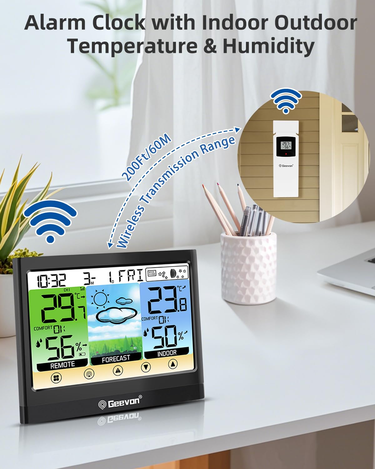 Geevon Weather Station Wireless Indoor Outdoor Thermometer Hygrometer with Dew Point, Heat Index, Touch LCD Display Digital Weather Thermometer with Alarm Clock and Adjustable Backlight