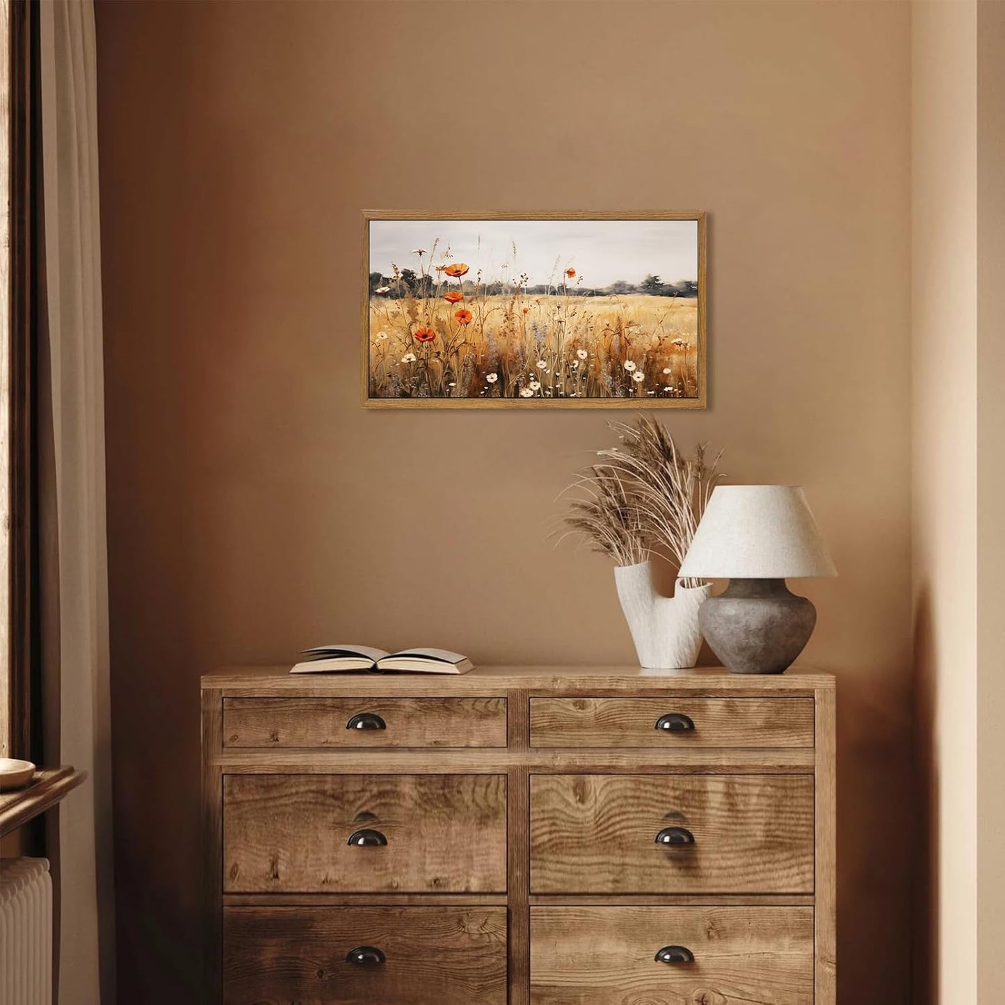 Aroutde Framed Fall Wildflowers Canvas Wall Art Vintage Autumn Flowers Wall Decor Nature Scenery Canvas Prints Landscape Artwork for Gallery Office Living Room Bedroom 18''x10''