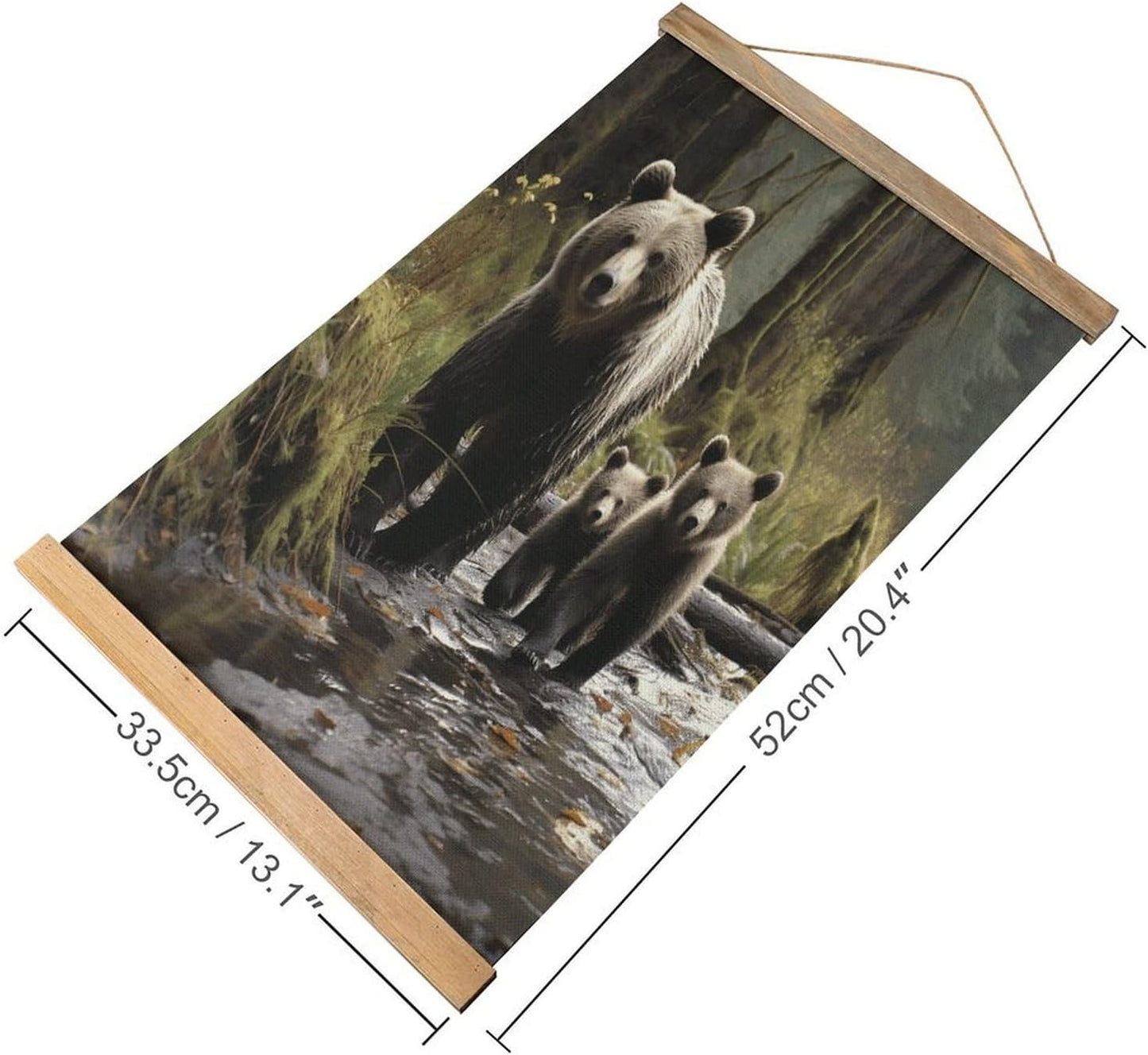 Vintage Mother Bear And Her Cubs Poster with Wooden Frame Personalized Linen Hanging Scroll Painting Rustic Wall Hanging Illustrative Modern Artwork Decor for Home Living Room Bedroom Office