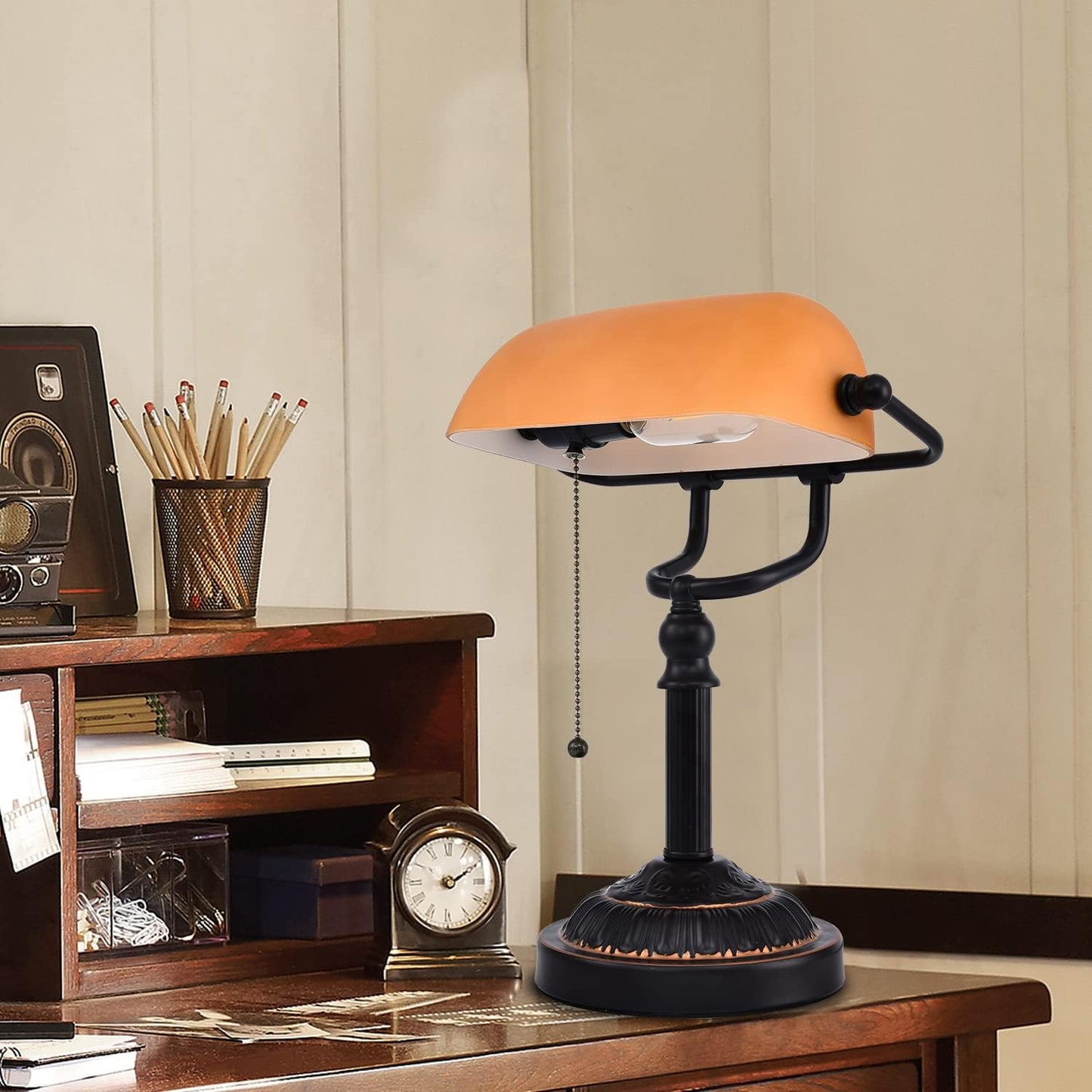 Rustic Banker's Desk Lamp Pull Chain, Traditional Bankers Desk Lamp with USB Port, Vintage Farmhouse Table Lamp for Home Office Library