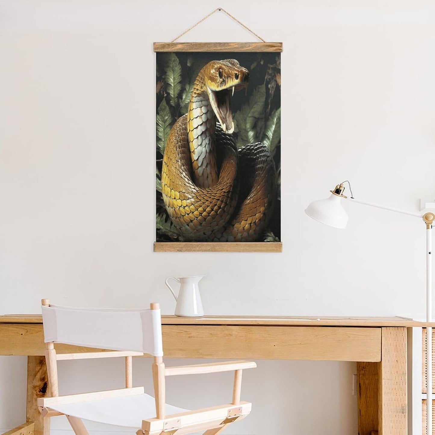 Vintage Cobra Snake Poster with Wooden Frame Personalized Linen Hanging Scroll Painting Rustic Wall Hanging Illustrative Modern Artwork Decor for Home Living Room Bedroom Office