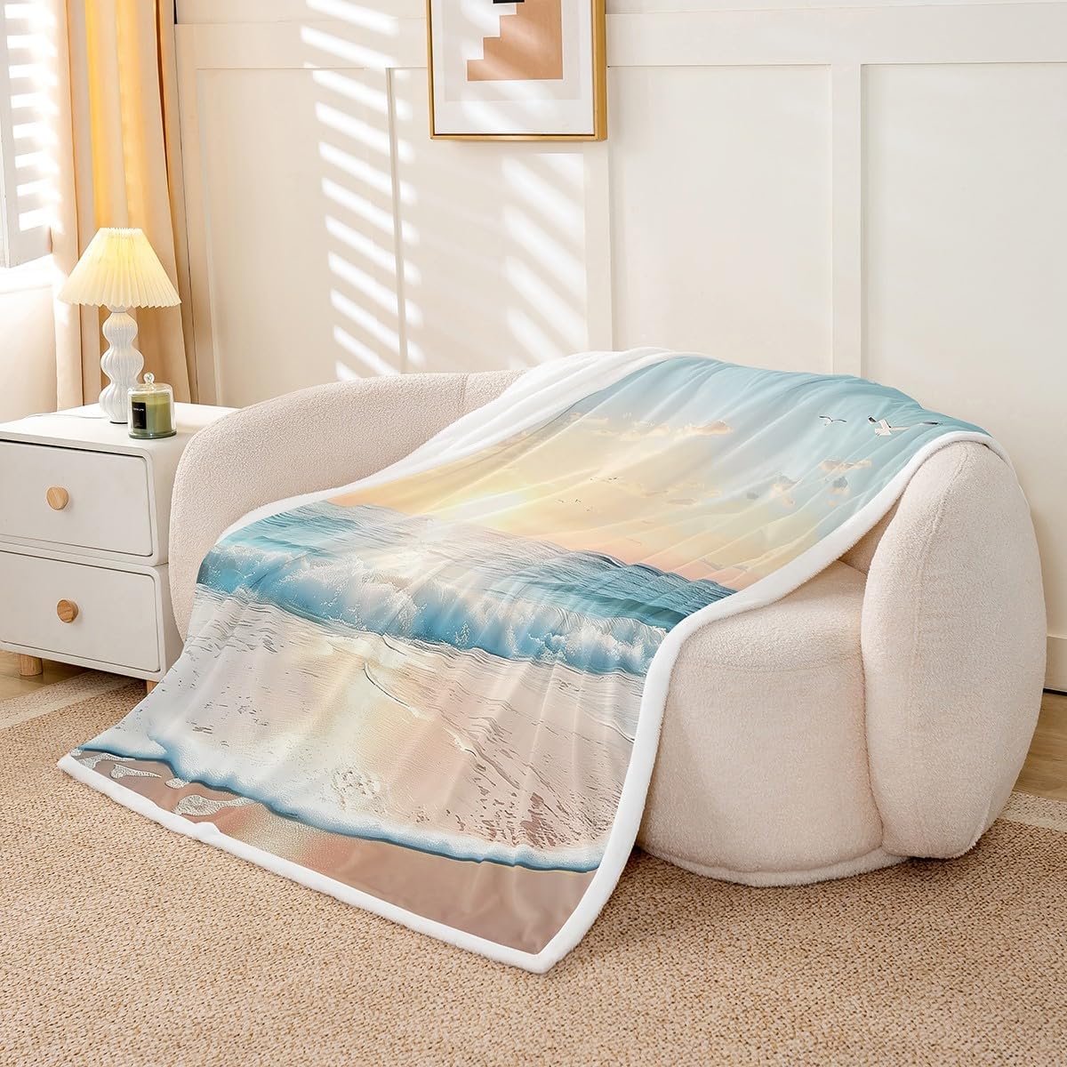 Feelyou Beach Flannal Blanket Queen 90"x90" Sunset Ocean Sea Seagull Fleece Throw Blanket for Bed Sofa Couch Natural Landscape Sherpa Blanket Room Decorations Flannal Blanket
