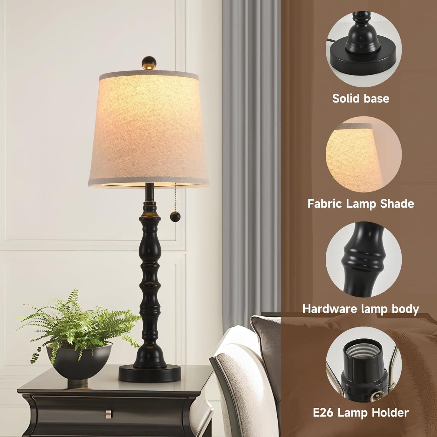 Terpsichore Lamps for Living Room Modern Farmhouse Table Lamp Bedside Reading Lamps Night Stands Bedroom Night Lamp,with Fabric Lamp Shade (Black (Single Pack), High 26.25 in)