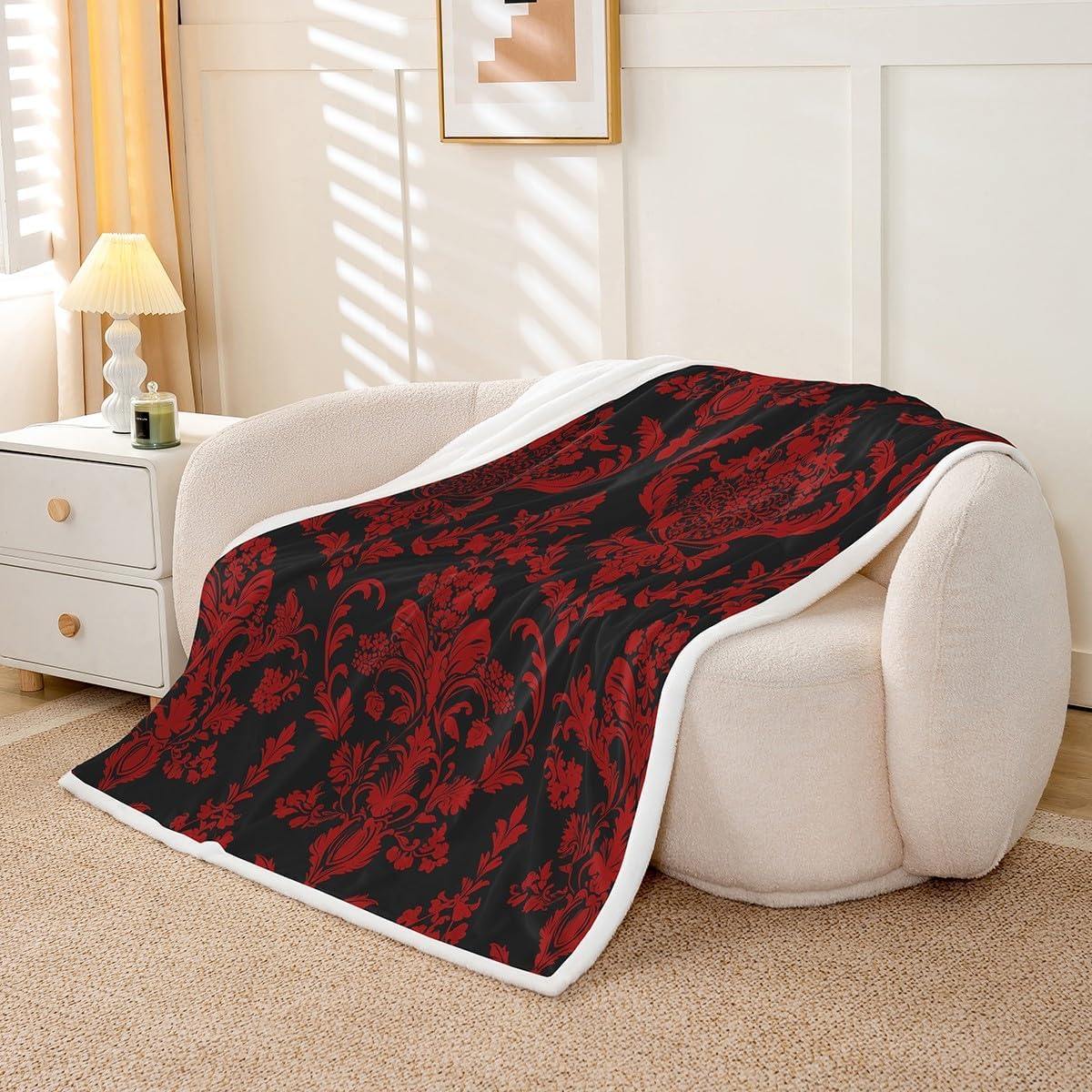 Feelyou Red Black Vintage Damask Sherpa Blanket - Oriental Antique Fleece Throw for Boys & Girls - Gothic Bohemia Floral Plush Luxury Flower Fuzzy Blanket for Sofa, Bed, Couch - 50"x60"