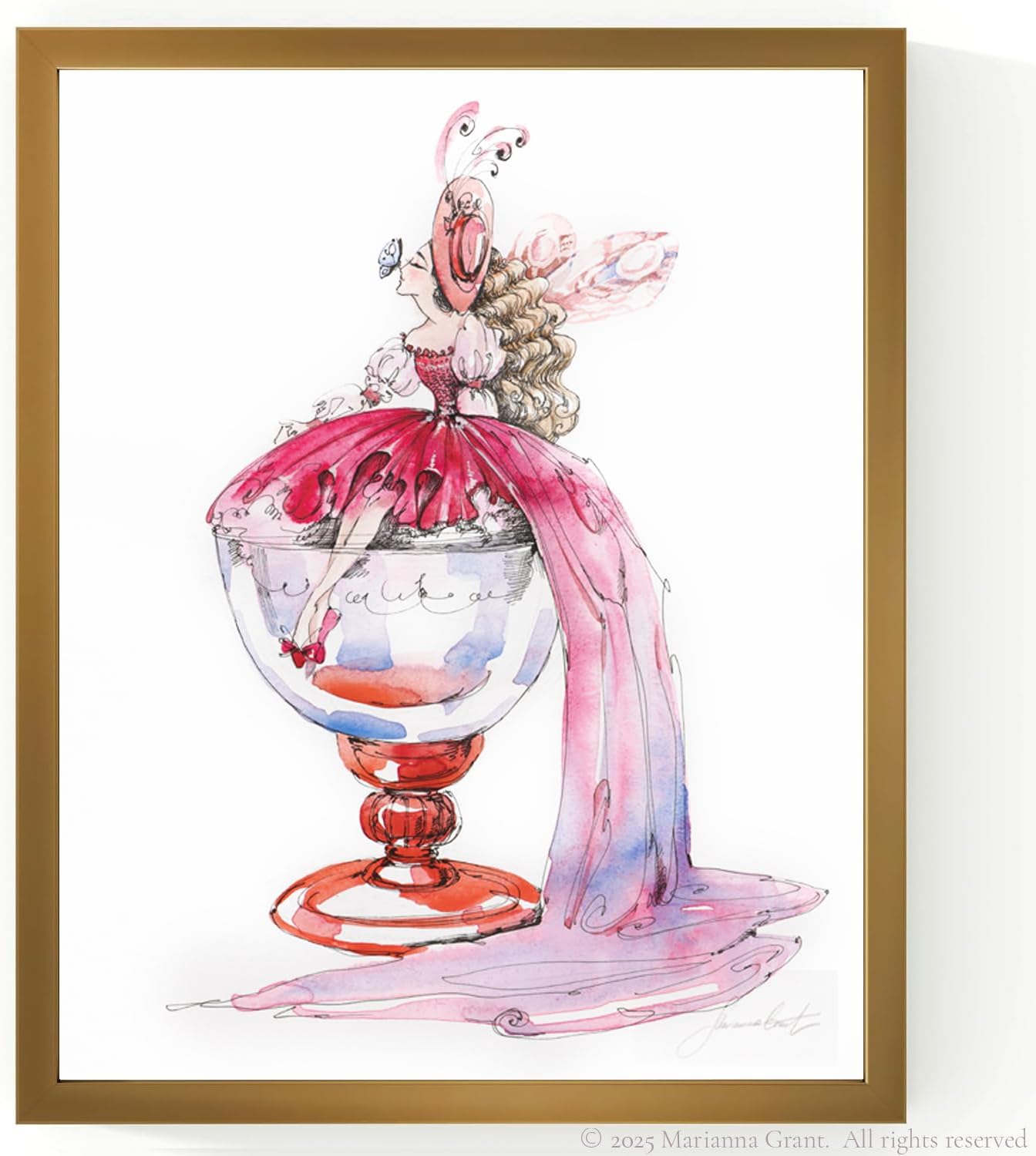 Framed Fairy Fine Art Print 8x10 in - Pink Fairy of Love Watercolor Painting with Modern Bronze Frame and Easel Stand for Wall or Tabletop Decor | Quiet Magic Collection | Reproduced from Original Watercolor Art