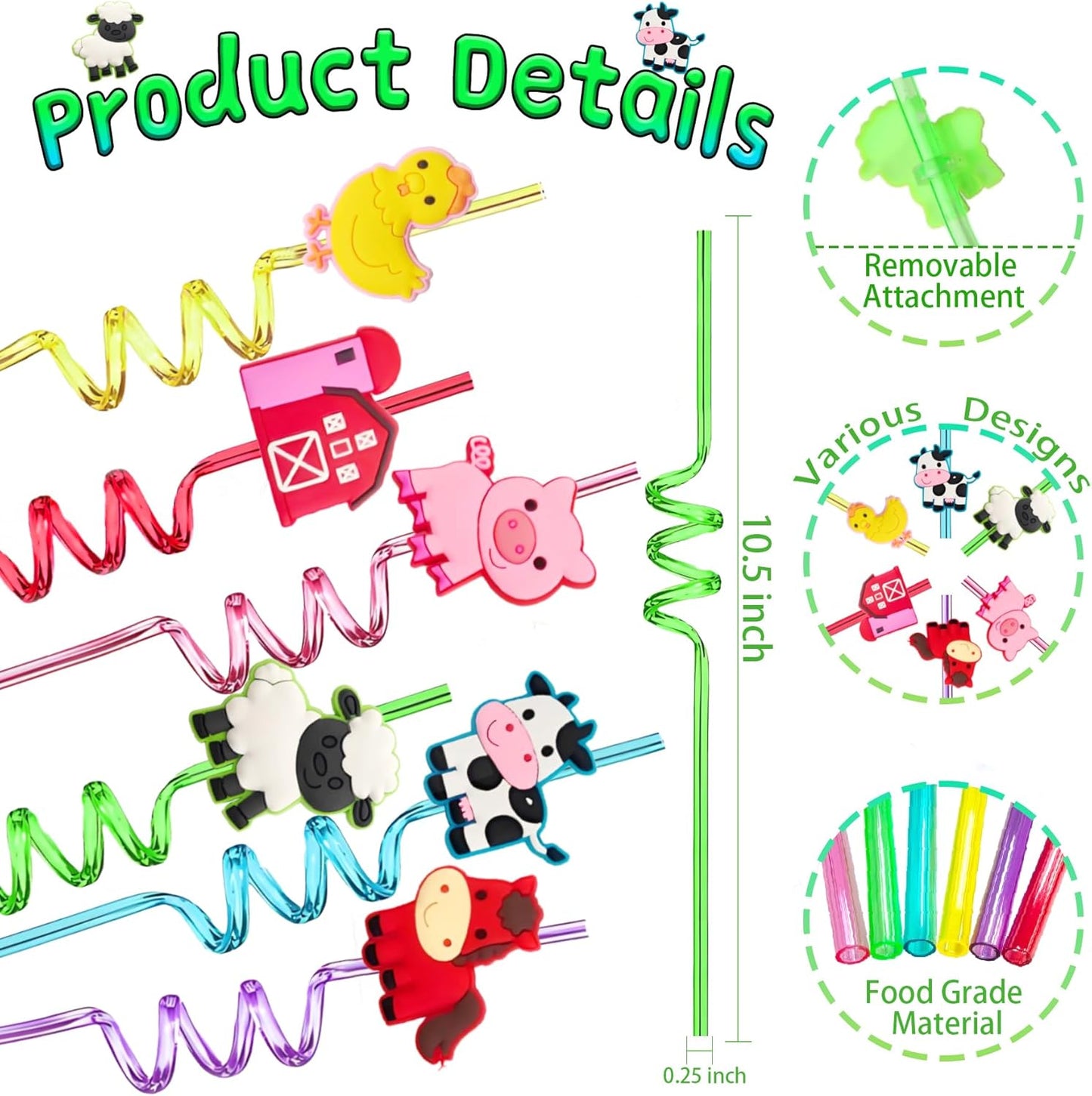 24Pcs Reusable Farm Animal Party Favors Plastic Straws-Farm Birthday Themed Party Decorations-Horse Cow Duck Sheep Pig Tractor Barnyard Farm Birthday Party Supplies-Gift Favors with 2 Cleaning Brushes