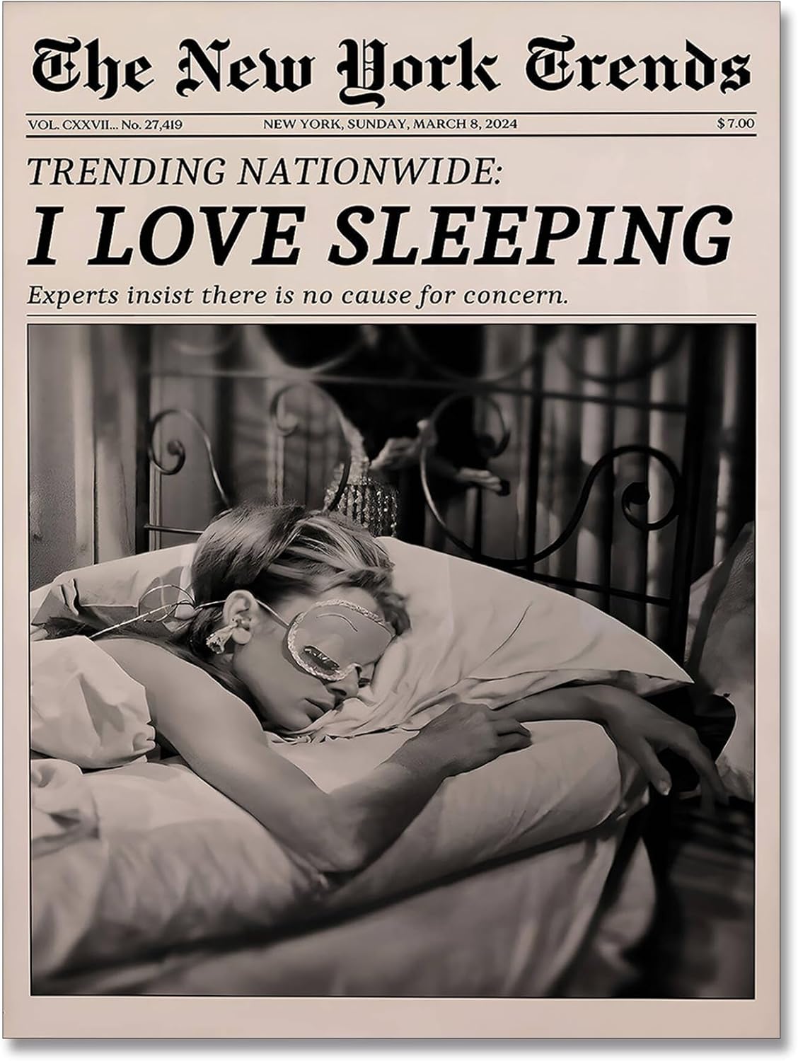 WAYUWGAN Black And White Newspaper Wall Art Trendy Feminist Poster Girl Sleeping Aesthetic Prints Vintage Funky Canvas Wall Decor for Girly Dorm Bedroom 12x16in Unframed
