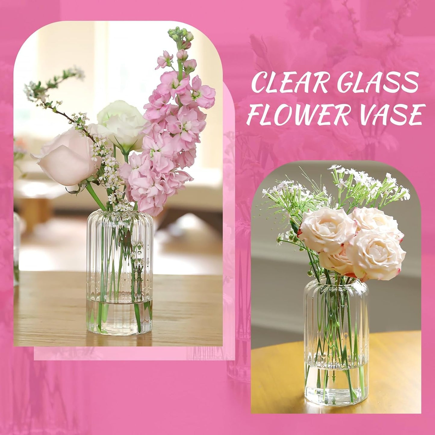 12PCS Bud Vases Set, Glass Vases for Flowers, Modern Cylinder Ribbed Vases for Wedding Centerpiece, Tall Clear Flower Vases in Bulk for Table Shelf, Party(Ribbed)