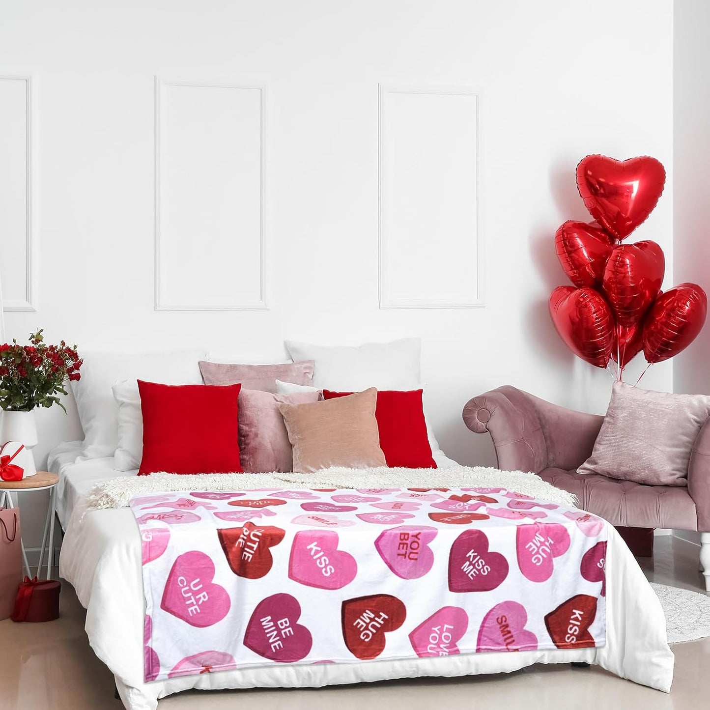 Valentines Flannel Throw Blanket 50" x 60", Pink Candy Hearts Soft Fuzzy Plush Cozy Fleece Blanket for Couch Sofa Bed, Holiday Throw Blanket for Valentines Day Wedding Ideal Gifts Option