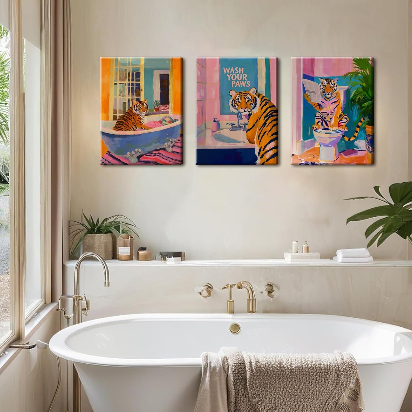 Funny Tiger Bathroom Wall Art Set of 3 Whimsical Tiger in Bathtub Canvas Wall Decor Painting Maximalist Animal Bathroom Poster Print Aesthetic 16x24 inch Framed