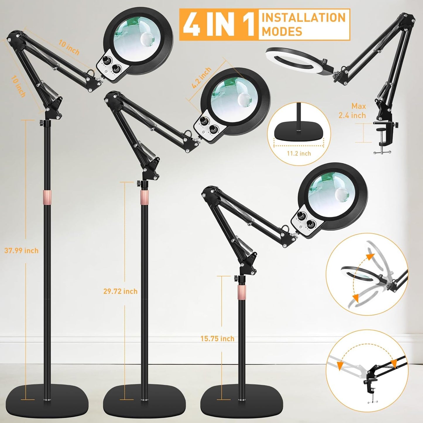 30X 12X Large Floor Magnifying Glass with Light and Stand, Floor Magnifying Lamp Adjustable Height,Infinite Color Dimmable, 4-in-1 Lighted Magnifier lamp for Close Work,Reading,Painting, Hobby（Black）