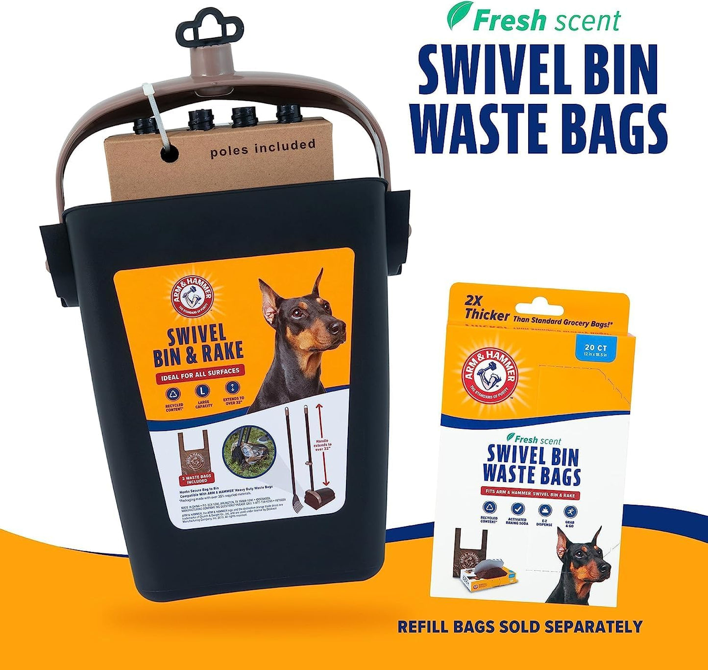 Arm & Hammer Dog Pooper Scooper Swivel Bin & Rake, Poop Scoop for Dogs, Black (2 Heavy Duty Scented Waste Bags Included)