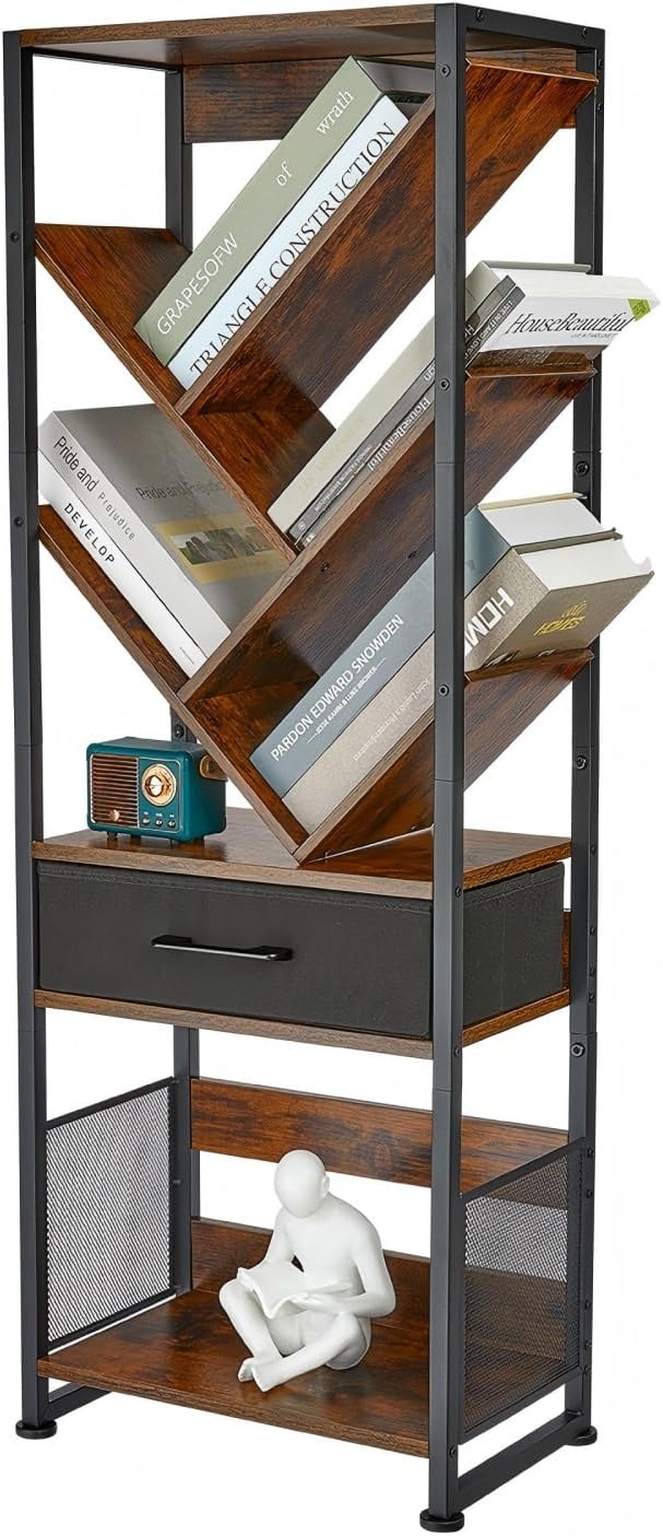 Bookshelf with Drawer,8 Tier Tree Bookcase Retro Floor Standing Bookshelves,Tall Wood Bookcases with Cabinet Storage Organizer for Living Room, Bedroom & Home Office, Classic