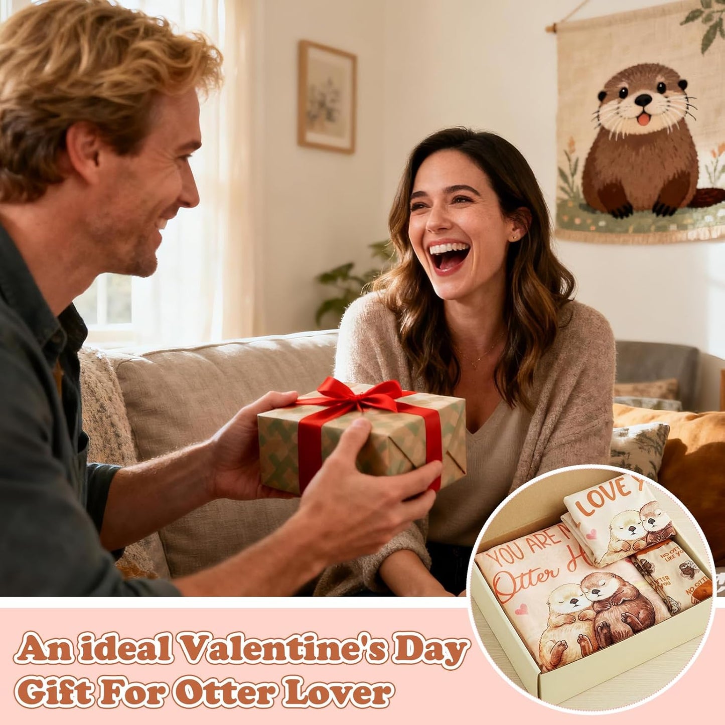 Moukeren 3 Pcs Anniversary Otter Gift for Her Couple for Women Wife Include Otter Throw Blankets Cute Soft Novelty Crew Socks Pillow Cover Girlfriend Sweetest Day Couples Idea