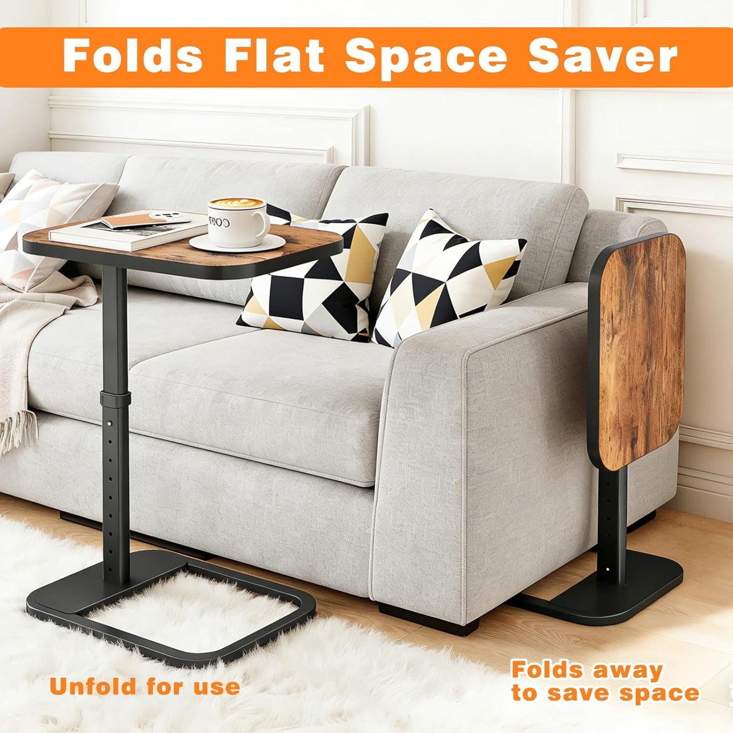 TV Tray Table, C Shaped End Side Table, Adjustable Height & Flip-Top & Rounded Metal Corners for Couch, Sofa, Bed, Chair, Living Room, Dinner or Laptop, Small Spaces