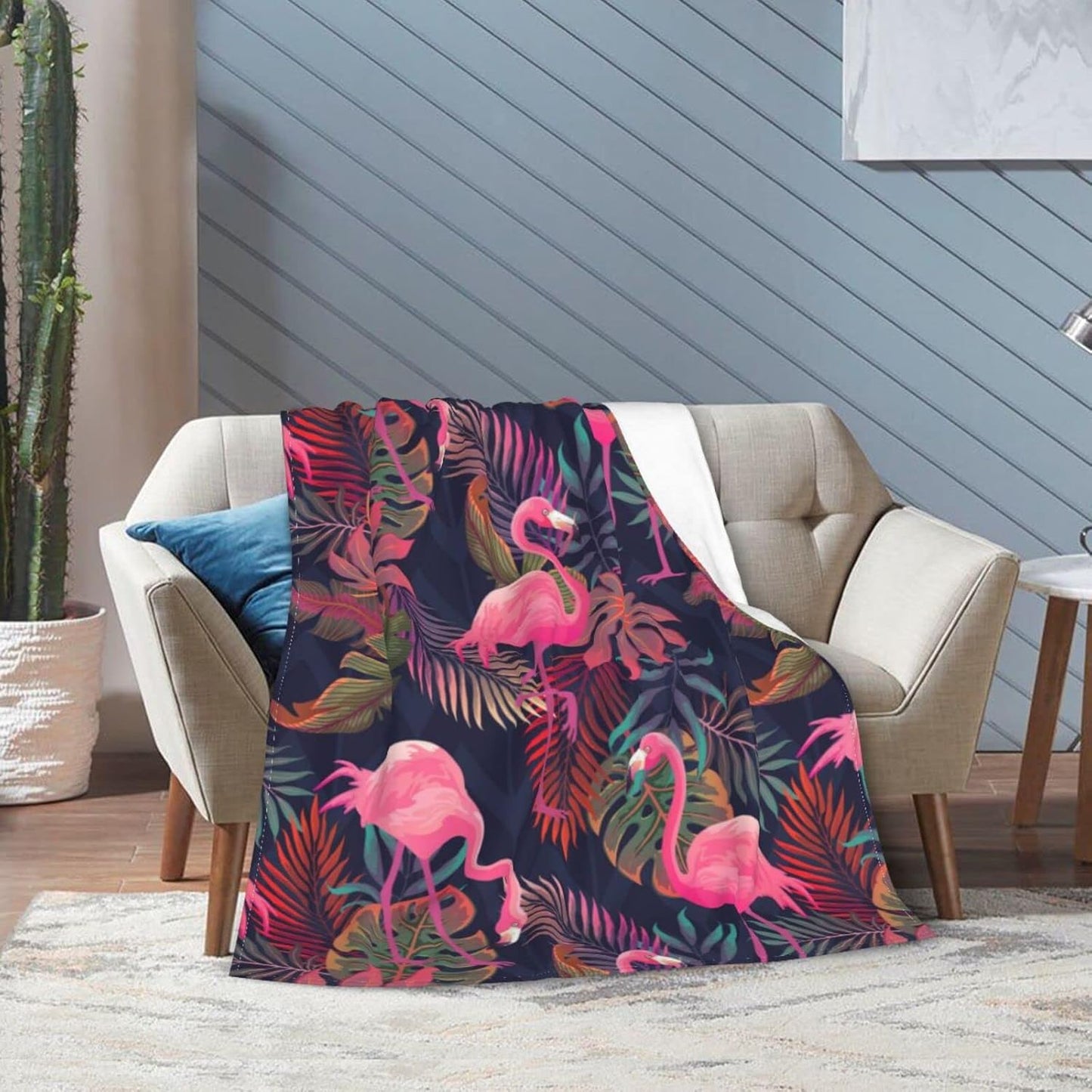 Perinsto Tropical Flamingos with Palm Leaves Throw Blanket Ultra Soft Warm All Season Decorative Fleece Blankets for Bed Chair Car Sofa Couch Bedroom 50"X40"