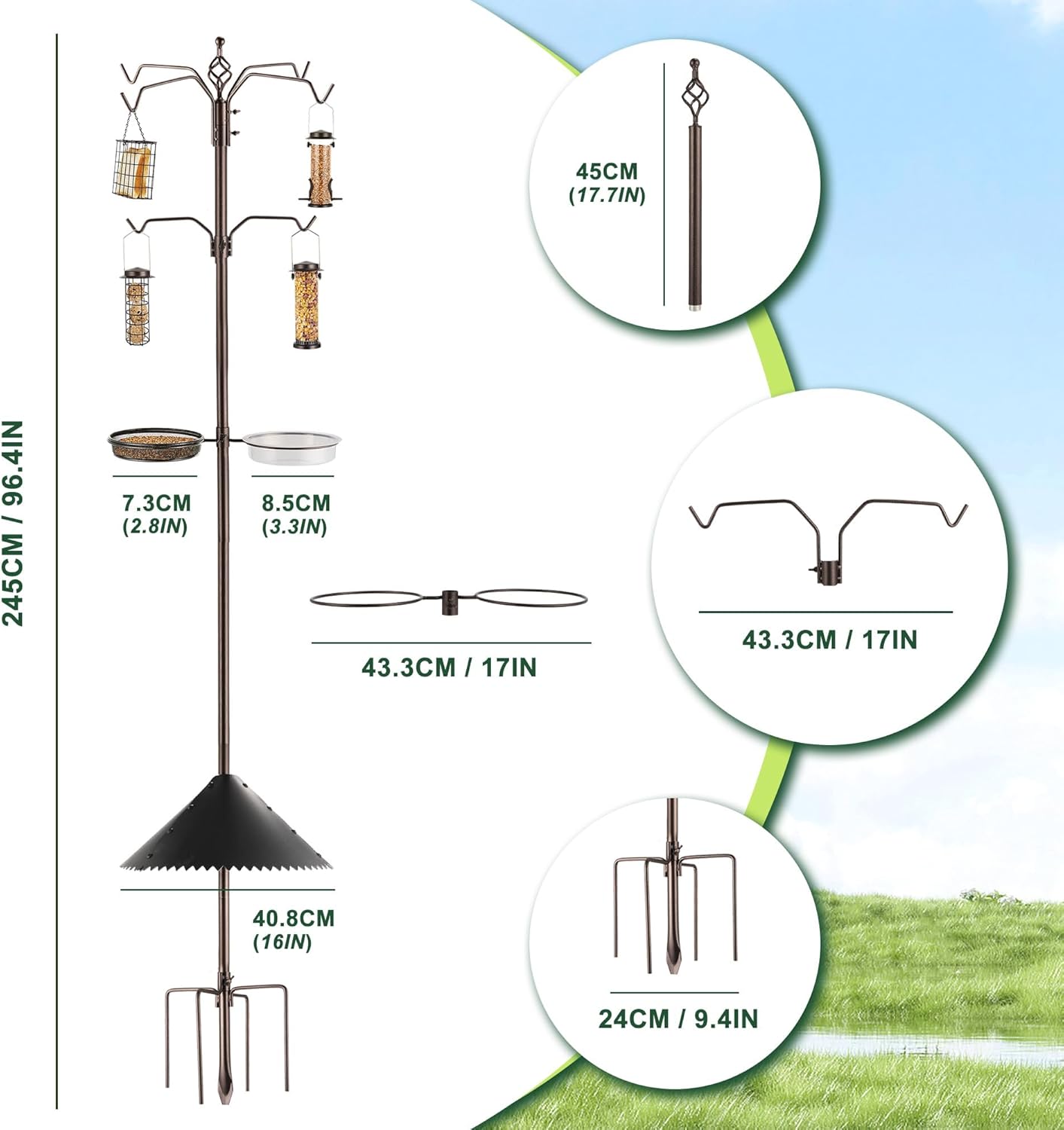 Bird Feeder Station Kit - Wild Bird Feeder Pole with Multi Feeder, Suet Cage, Planter Hanger with Squirrel Guard Baffle for Attracting Birds