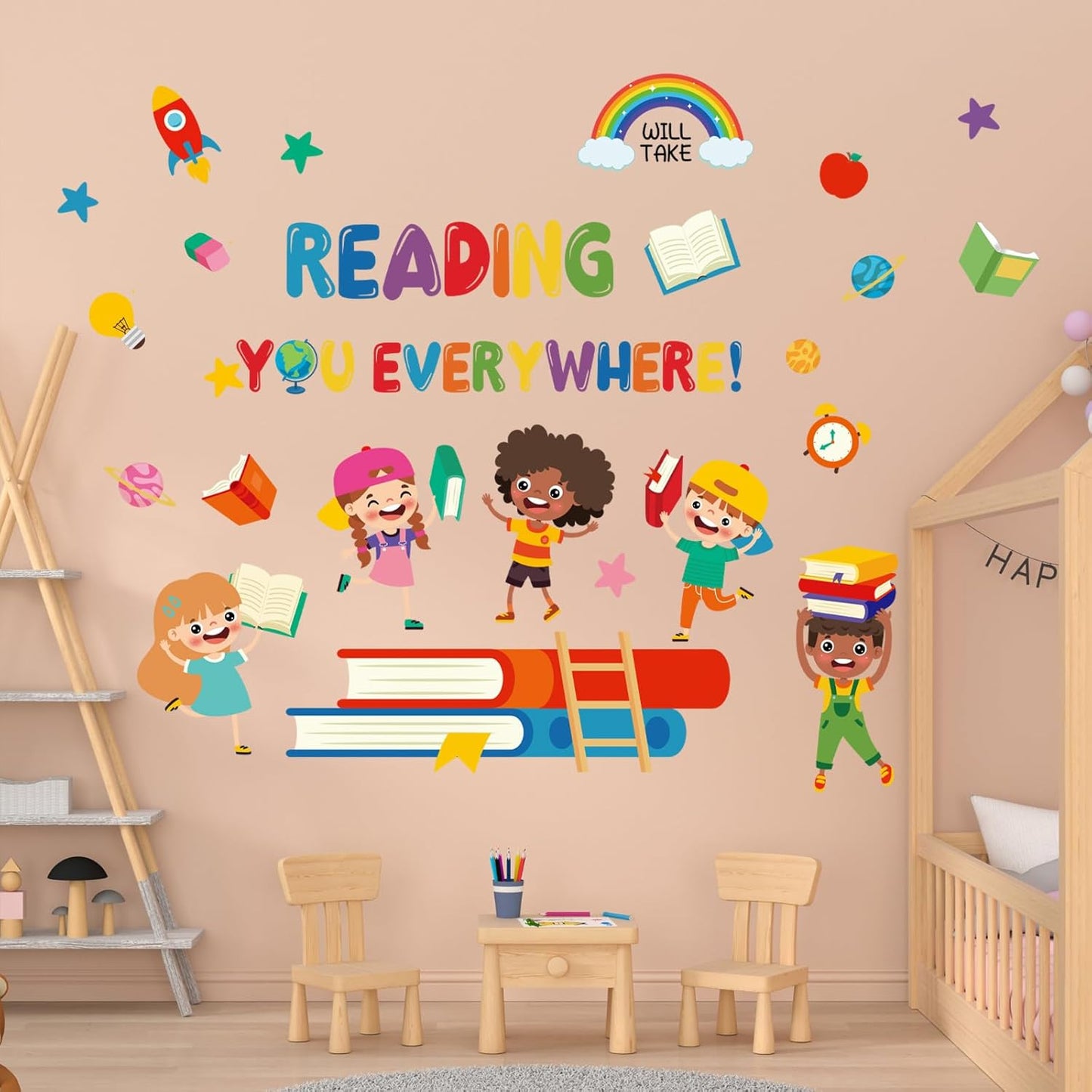 Reading Everywhere Wall Stickers - Inspirational Quotes Rainbow Book Wall Decals - Baby Nursery Kids Room Daycare Playroom Classroom Wall Decor (Read)