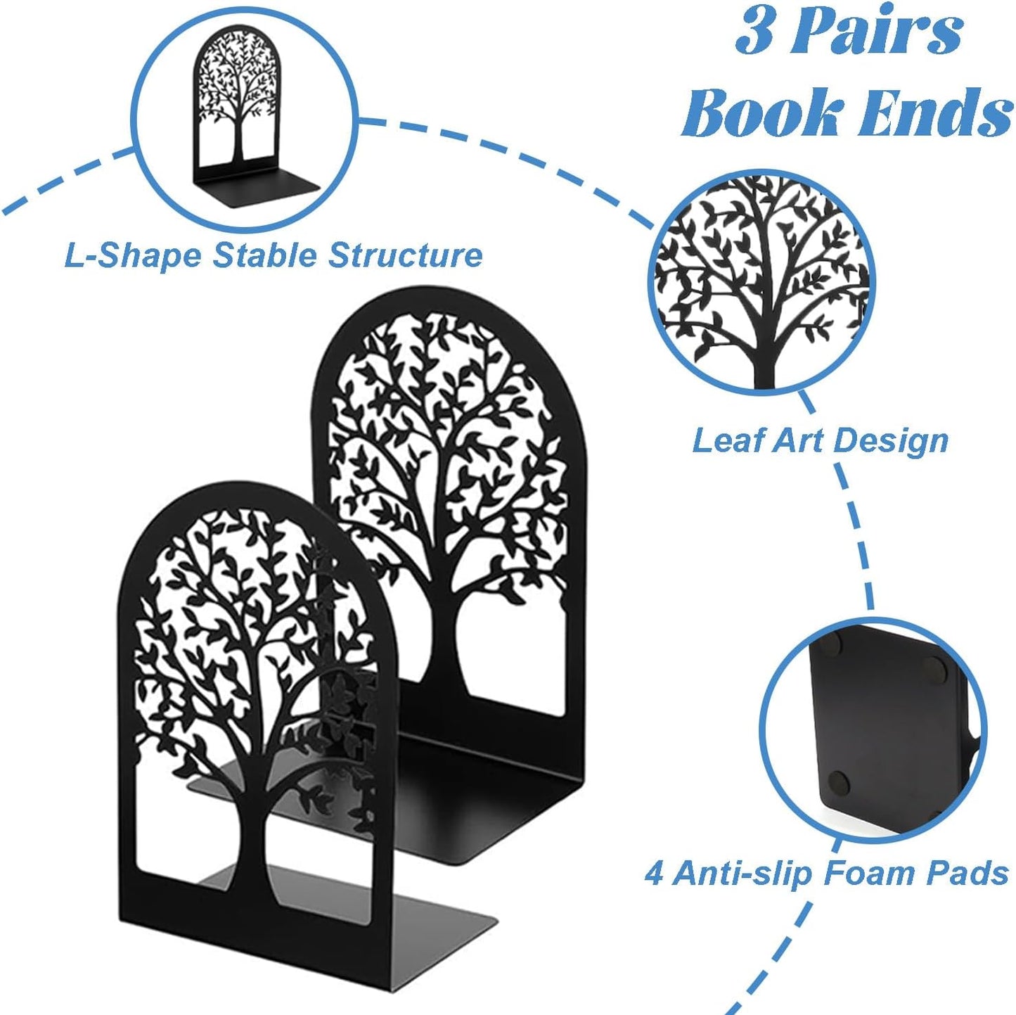 Book Ends Tree Design Modern Bookends for Shelves, Modern Metal Tree Book Ends for Shelves Decorative, Home Decorative Bookends for Home Office, 7 X 4.7 X 3.5 ”, Black, 3 Pairs/6 Pieces