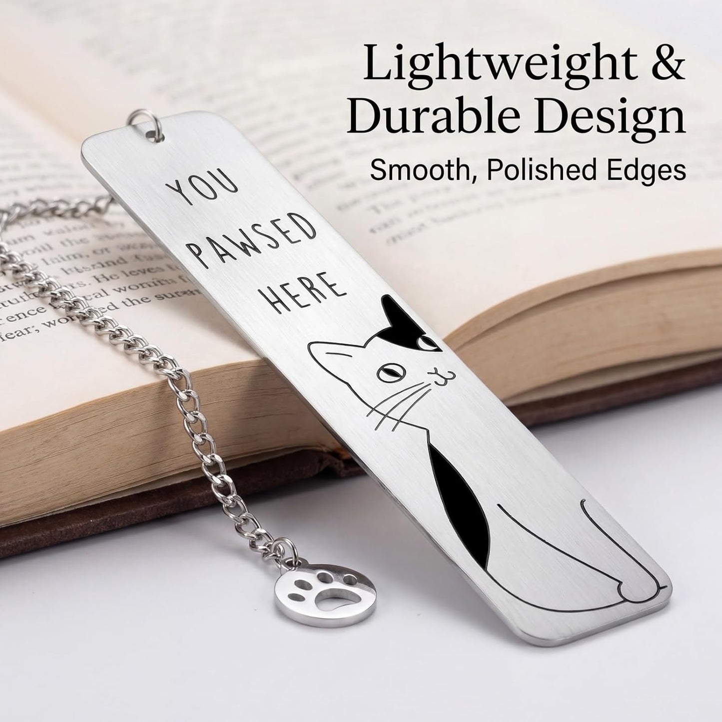 Cat Bookmark for Cat Lovers, You Pawsed Here Engraved Metal Bookmark with Paw Charm, Cute Book Lover Gifts for Women Men, Reading Accessories & Cat Gifts