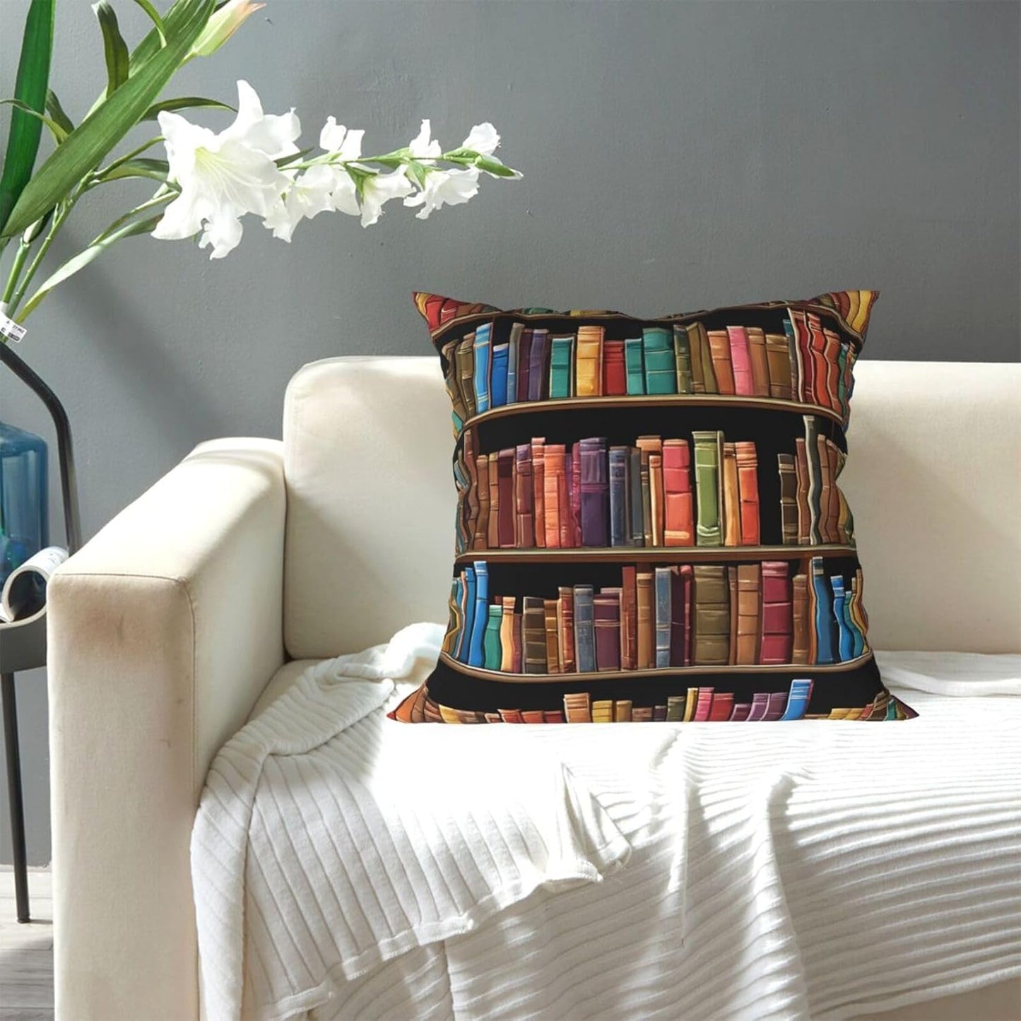 All-Season Square Pillow Covers 18"X18", Library Bookshelf, Decorative Throw Pillow Covers for Sofa Bed Couch, Hidden Zipper Cushion Cover, Square Lumbar & Accent Pillowcases for Home Decor