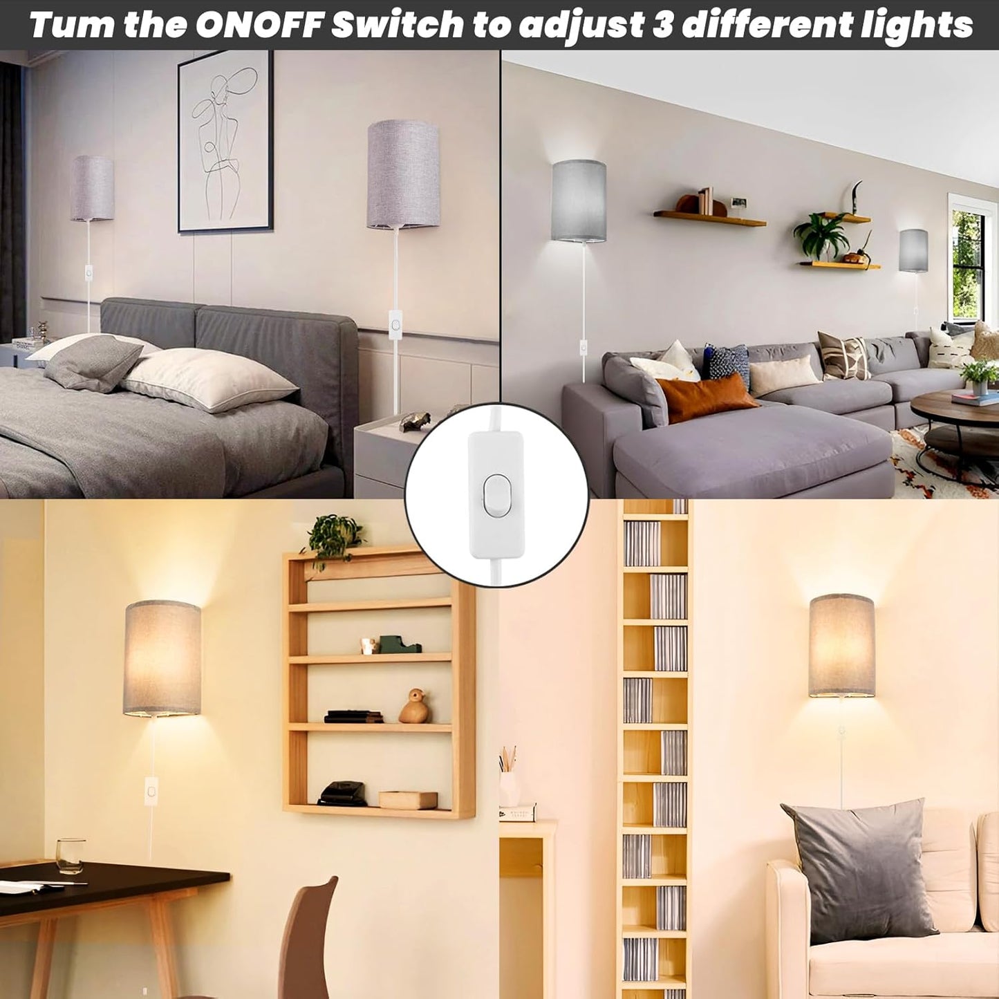 Wall Sconces Set of 2, Plug in Wall Sconces with On/Off Switch, 3-Color Selectable (3000K/4000K/6000K), Fabric Linen Lamp Shades, No Wiring Required, Ideal for Bedroom, Living Room, and Porch (Grey)