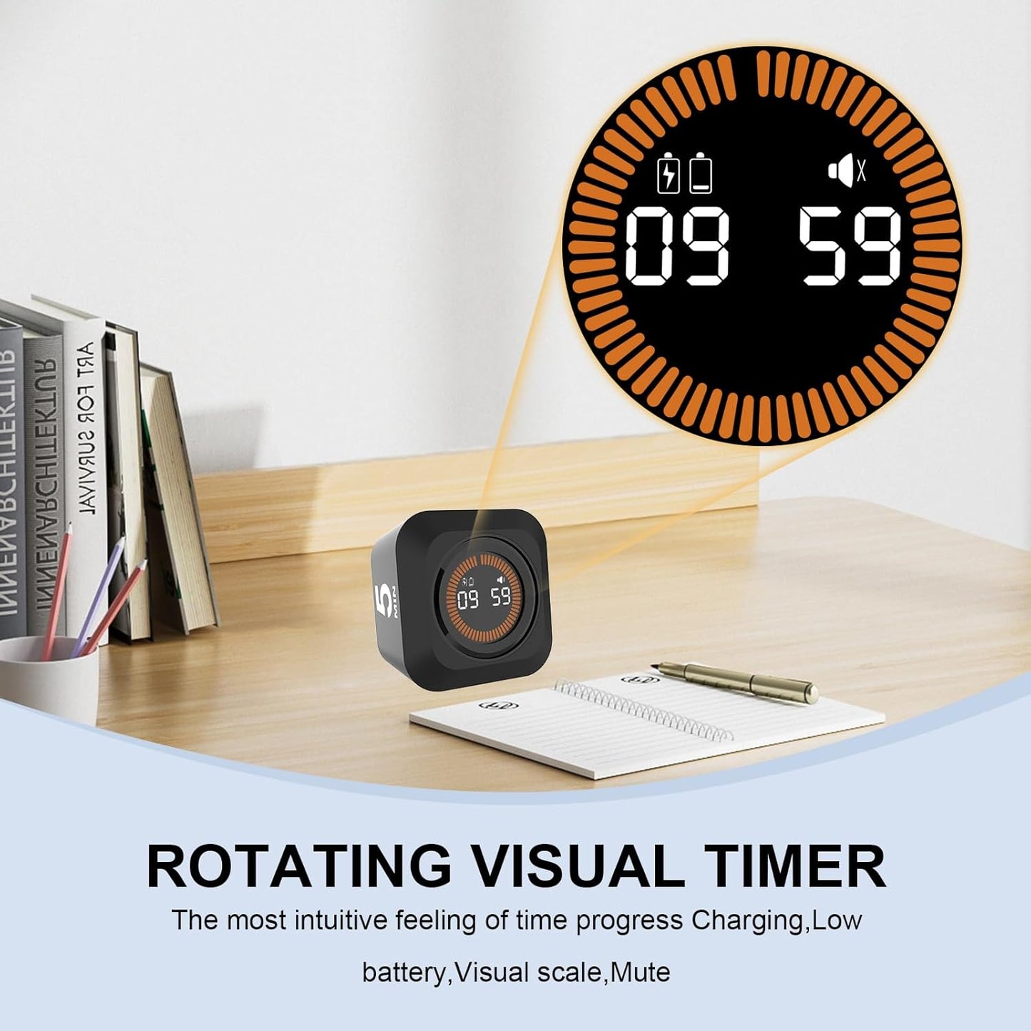 Rotating Cube Pomodoro Timer 5, 25, 10, 50 Min Preset + Custom Countdown, Desk Productivity Flip Visual Timer w/Silicone Case, Silent Mode, Ideal for ADHD Tool Study Work School (Black)