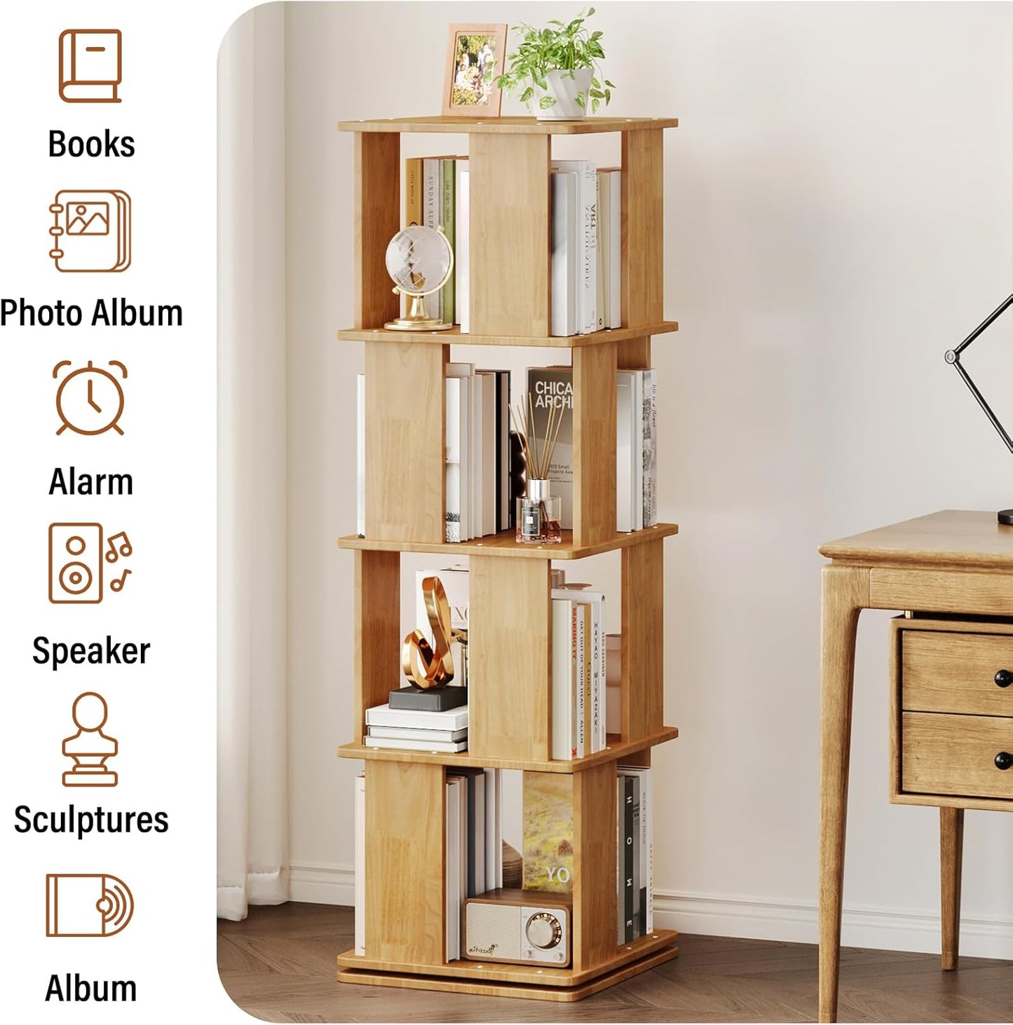 Wooden Rotating Bookshelf 4 Tier, Revolving Bookcase, 360° Spinning Book Shelf Tower Kids, Narrow Bookshelves Lazy Susan Organizer for Small Space, Corner, Bedroom, Living Room, Office, Natural