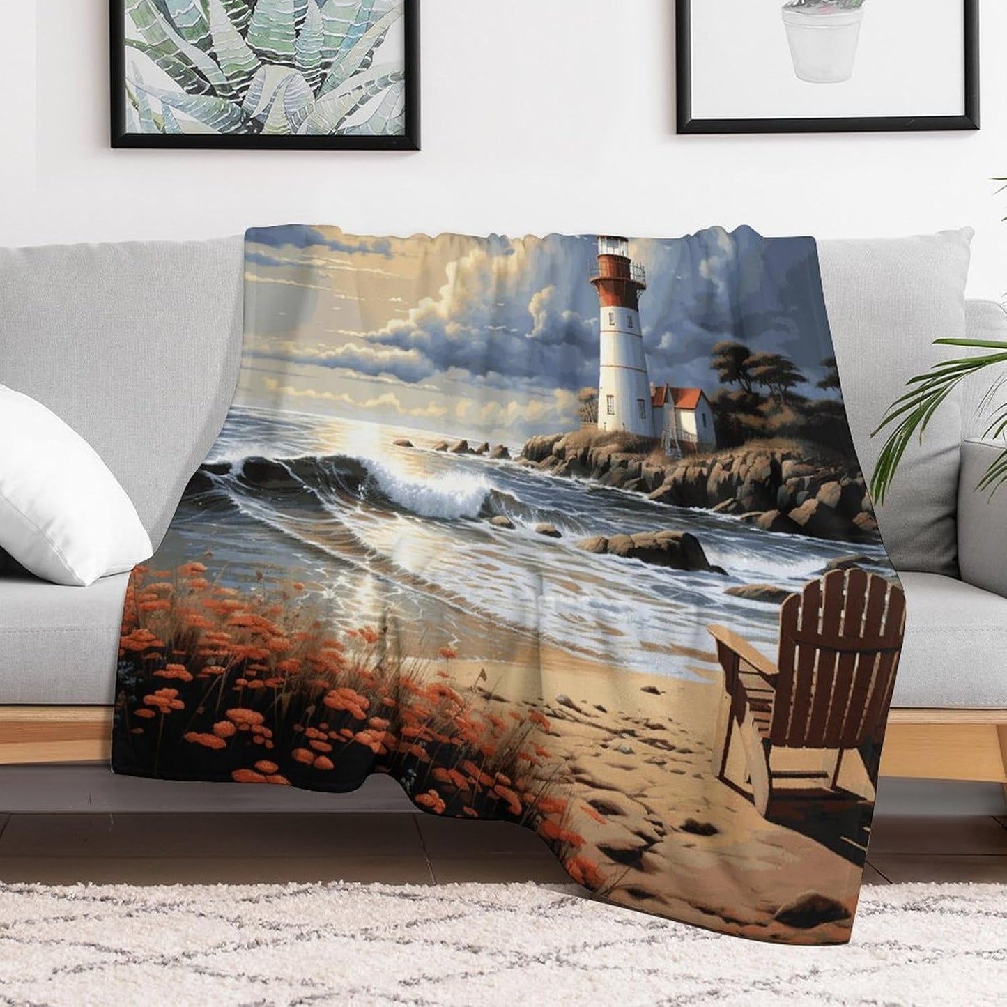 Sea Lighthouse Sandbeach Blanket Super Soft Lightweight Throw Blanket Cute Cozy Warm Bed Blanket Decorative Fuzzy Blanket All-Season Home Decor Gift for Sofa Couch Living Room 50"*60"（130 * 150cm）