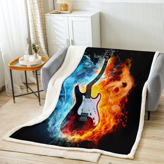 Guitar Fleece Throw Blanket Rock Music Themed Plush Blanket Fire and Water Musical Notes Sherpa Blanket Electric Guitar Instruments Print Fuzzy Blanket for Sofa Bed Couch, Room Decor Twin 60x80 Inch