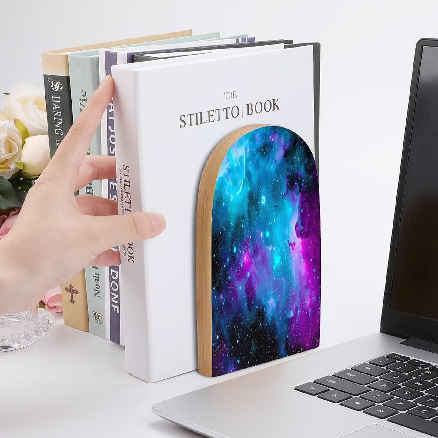 Purple Starry Sky Wooden Bookend Non-Slip Book Ends Heavy Duty Book Stopper with Metal Base Books Holderd Decorative Bookends Stands Firmly for Office Supplies