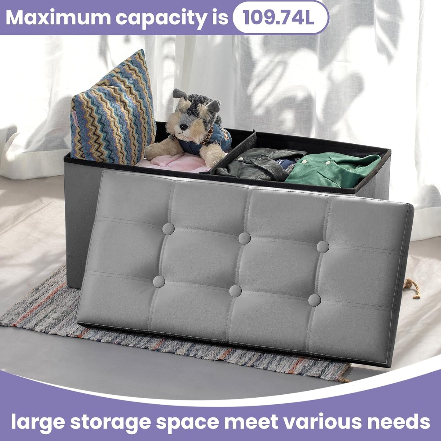 COSYLAND Ottoman Bench with Storage 30x15x15 inches Grey Ottoman for Room Folding Leather Ottoman Footrest Footstool Rectangle Collapsible Furniture with Lid for Bedroom Living Room