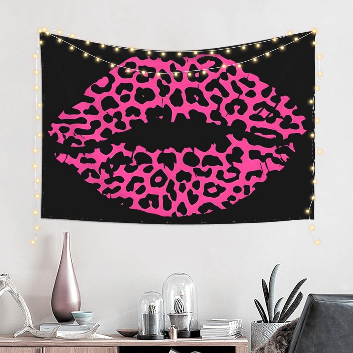 KOSUES Pink Leopard Lips Tapestry Wall Hanging Tapestries Wall Backdrop Room Poster Art Aesthetic Decor for Home Office Bedroom Living Room Dorm 60x40 Inch