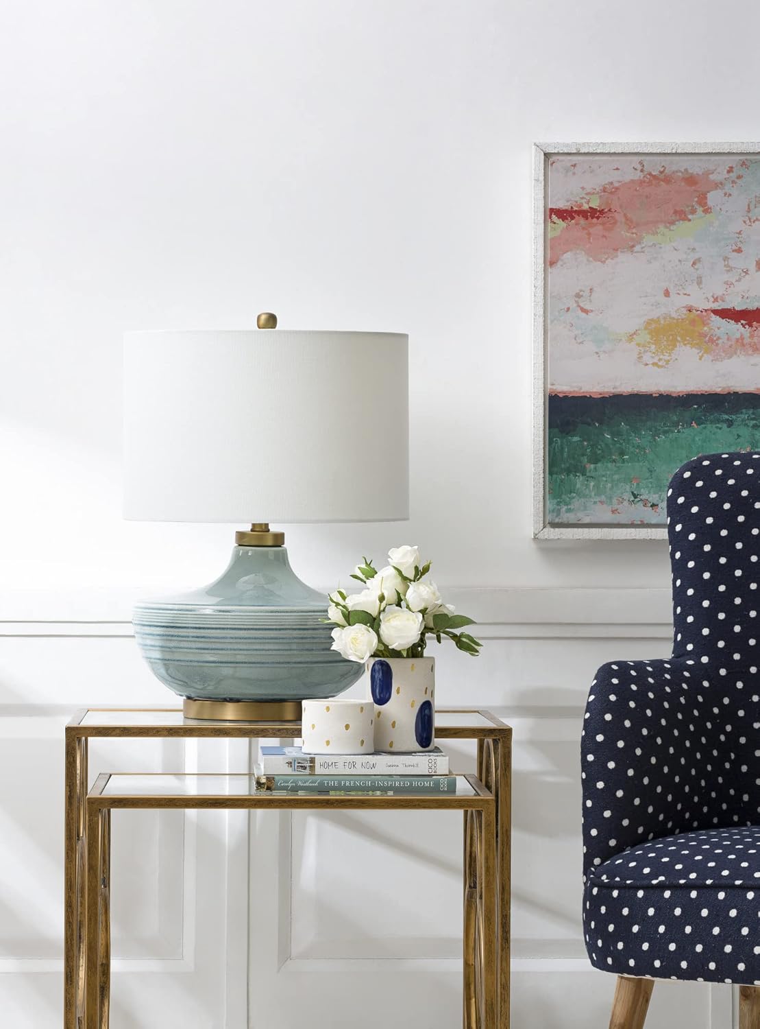 Creative Co-Op Striped Aqua Ceramic Table Lamp with White Linen Shade