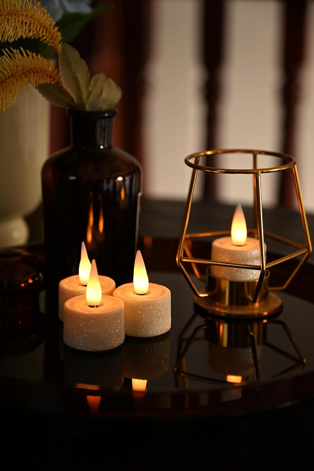 Rechargeable Flameless Tealights Candle with Remote Timer, 3D Moving Flame Real Wax Led Tealight Candles (Glitter Ivory, 1.4in)