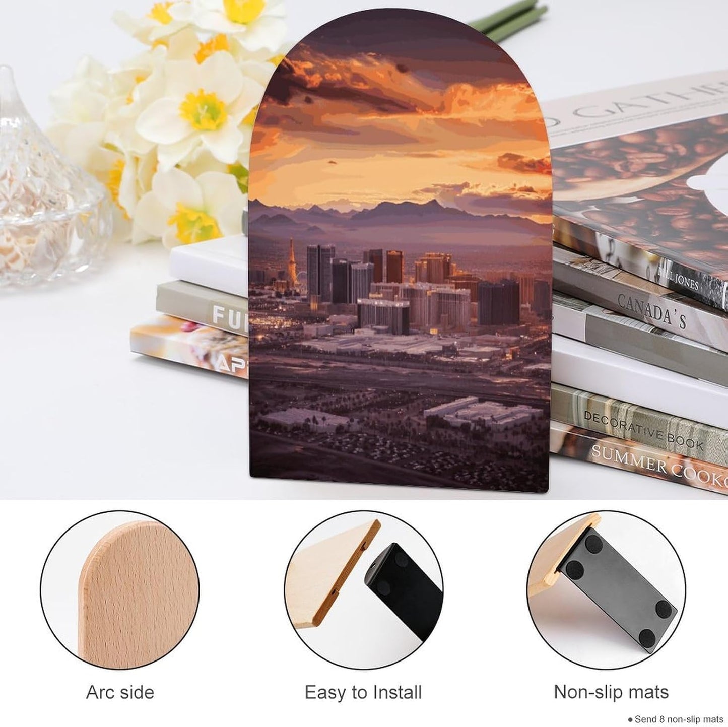 Las Vegas Sunset Bookend for Shelves Wooden Book End Large Size Sturdy Book Holders Stoppers with Metal Base for Bookshelves Slick Decorative Bookends Stands