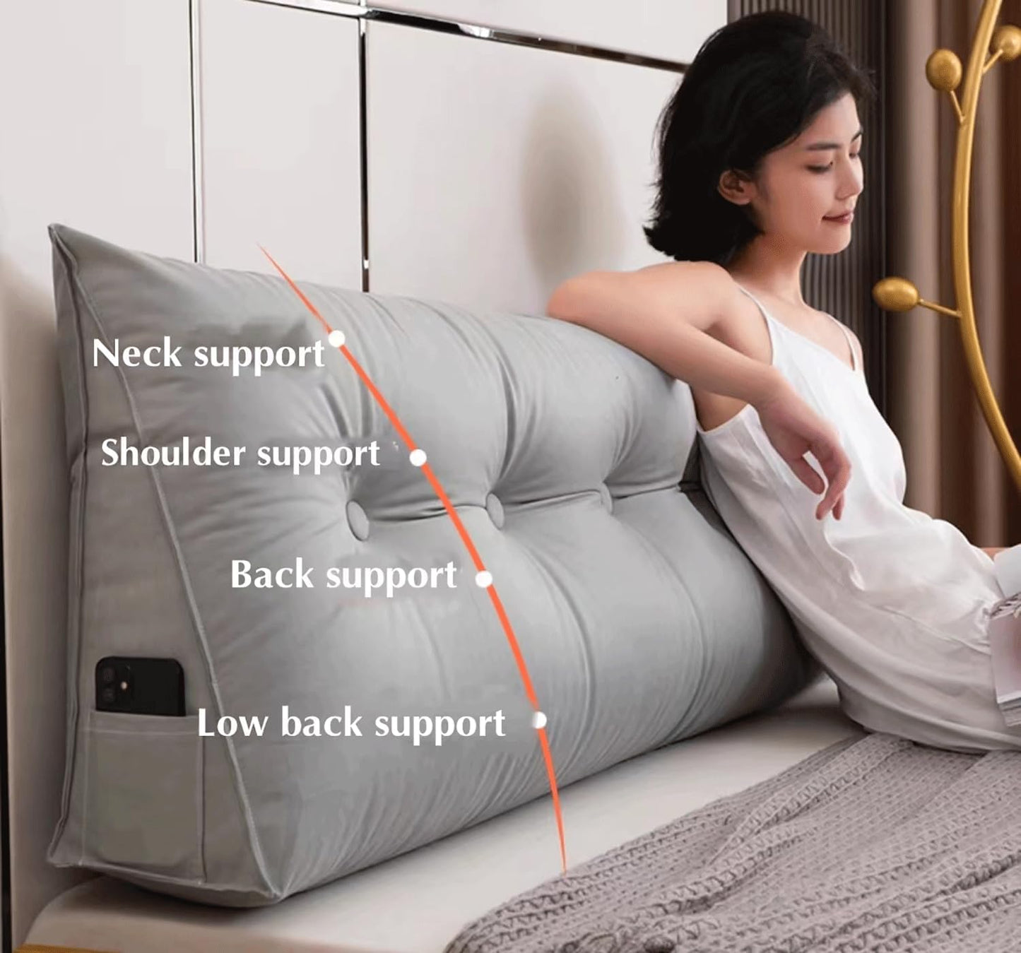 Headboard Pillow Large Bolster Triangular Wedge Pillows for Daybed Sofa Cushion Support Backrest Bed Rest Reading Pillow Lumbar Positioning Upholstered(Size:200x50x18cm,Color:Orange)