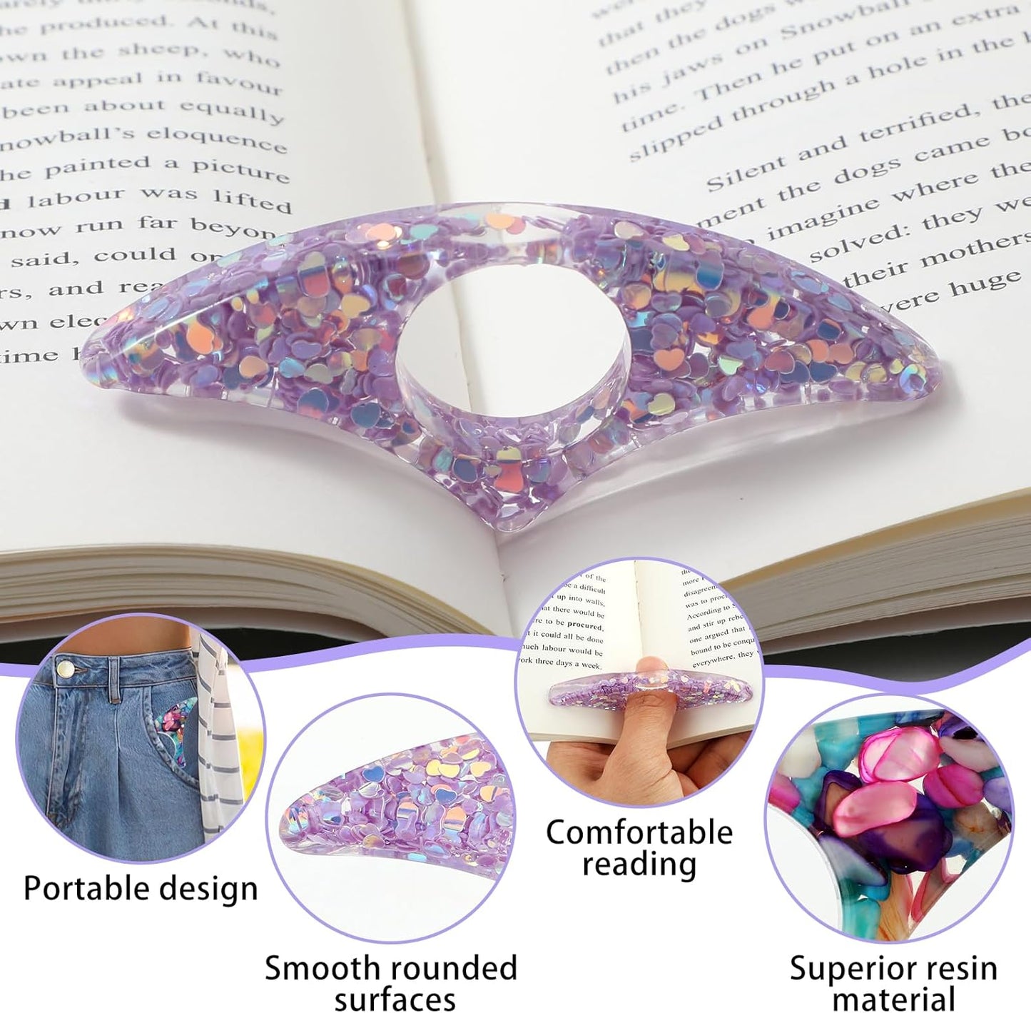 2Pcs Rhinestones Thumb Book Page Holder, Glitter Diamond Dotting Scalloped Thumb Bookmarks Resin Book Opener Book Accessories for Reading Lovers, Gift for Bookworm, Readers, Students
