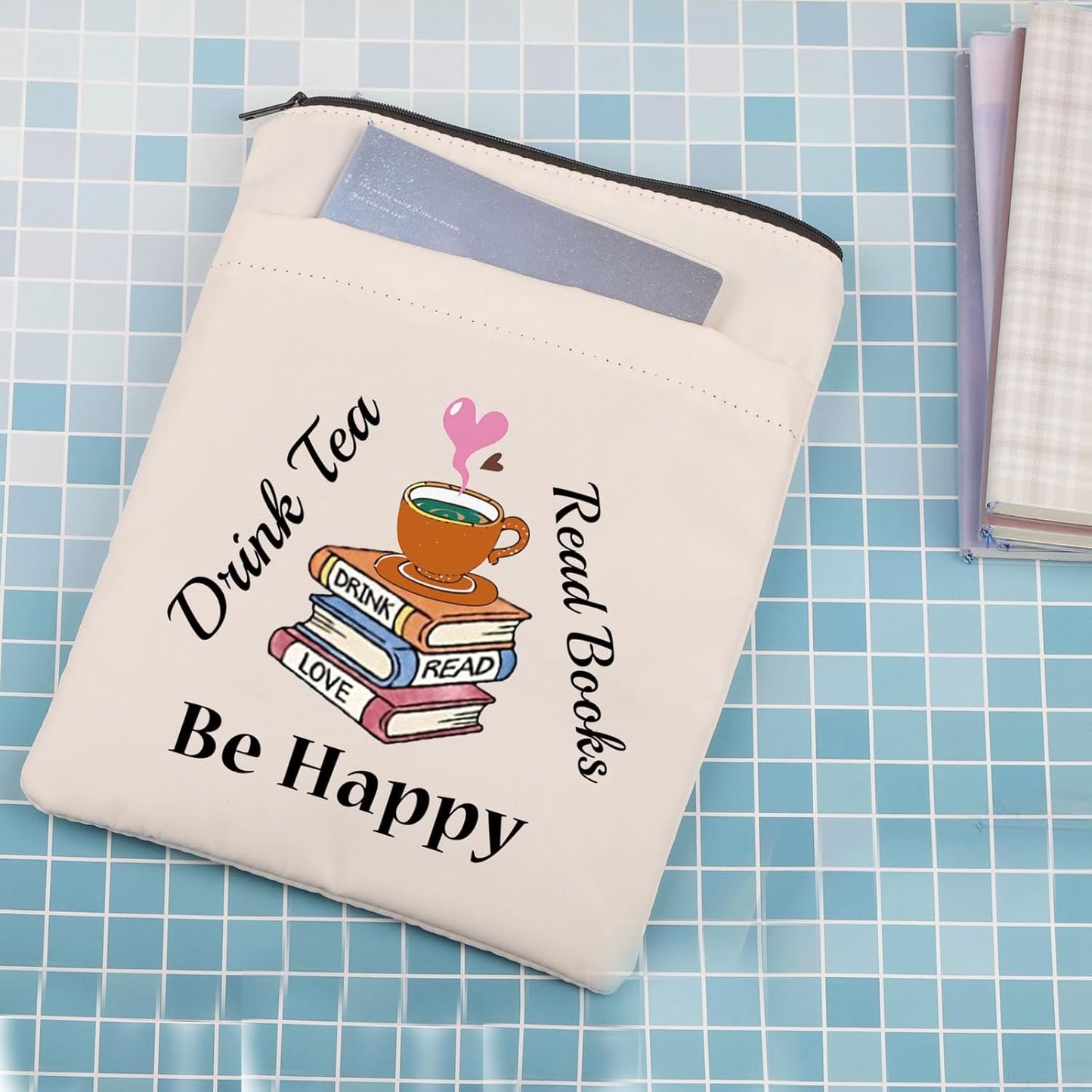FEELMEM Bookworm Gift Drink Tea Read Books Be Happy Book Sleeve with Zipper Tea Lovers Book Pouch
