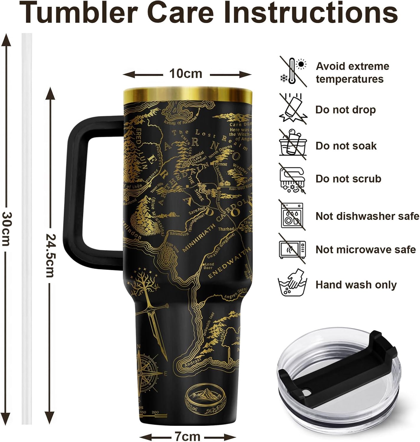 Fantasy Map Laser Engraved Tumbler 40oz Stainless Steel with Handle and Straw Epic Bookish Travel Cup Gold Engraving Gift for Fantasy Lovers Men Women