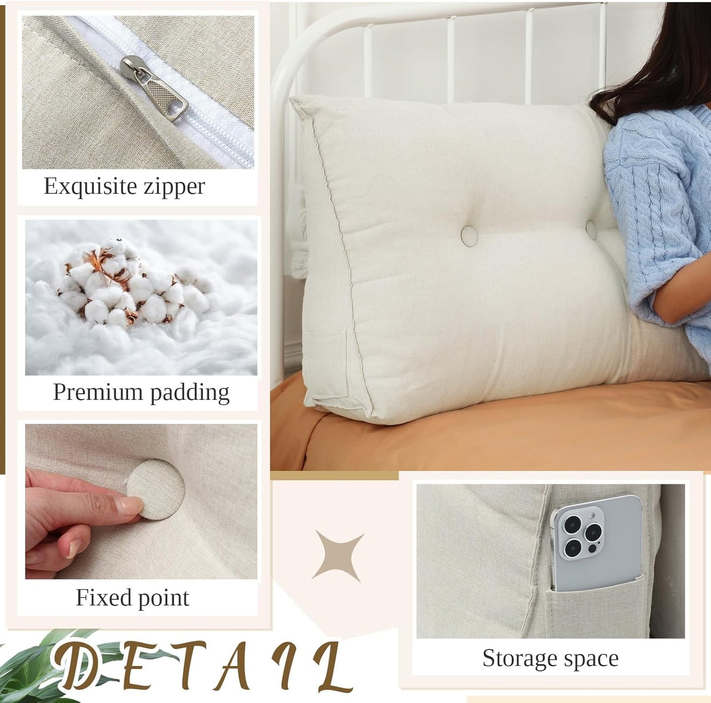 Wenqik Wedge Pillow Twin Triangular Headboard Bed Reading Backrest Back Support Long Pillow with Removable Cover for Dorm Room Supplies Housewarming Gift(Beige)